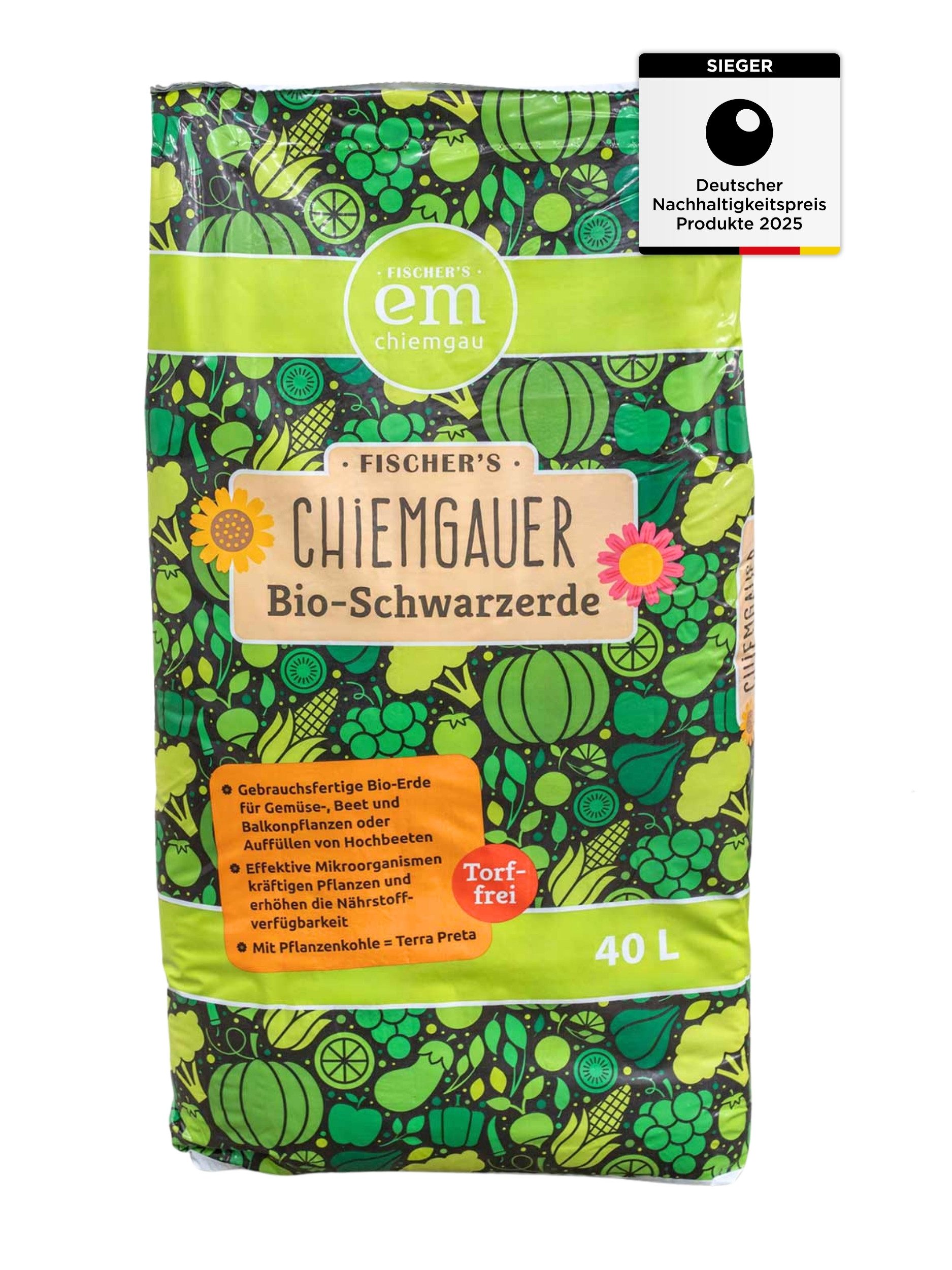 Fischer's EM-Chiemgau Bio-Erde Torffrei mit Pflanzenkohle & Schafwollpellets, mit Universal Dünger, für Nährstoffspeicherung mit effektiven Mikroorganismen, verbessert ausgelaugte Böden, nachhaltig, 40 L