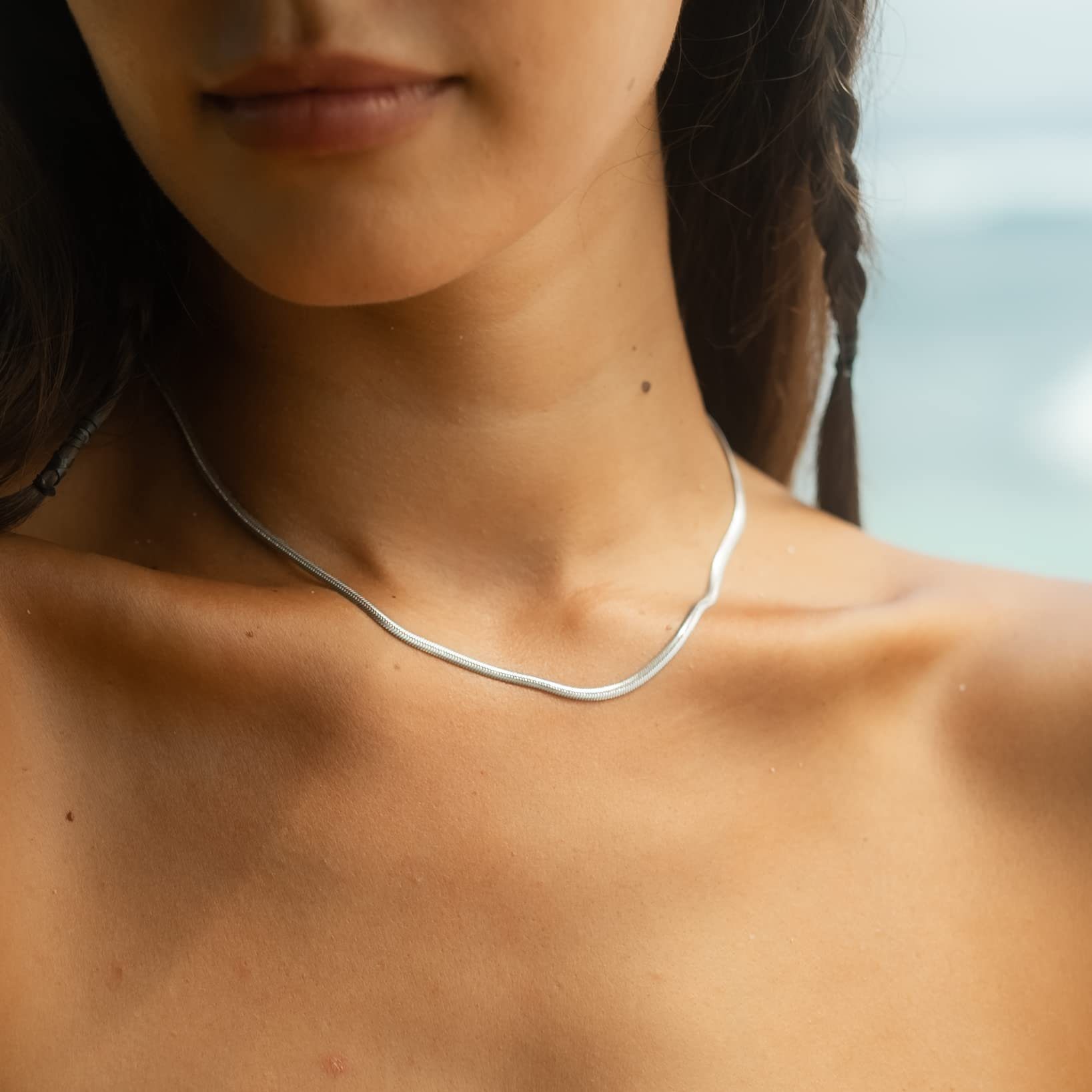 Made by Nami Schlangenkette Halskette mit starkem Karabiner-Verschluss, Choker Halskette Edelstahl 3mm Gliederkette Silber
