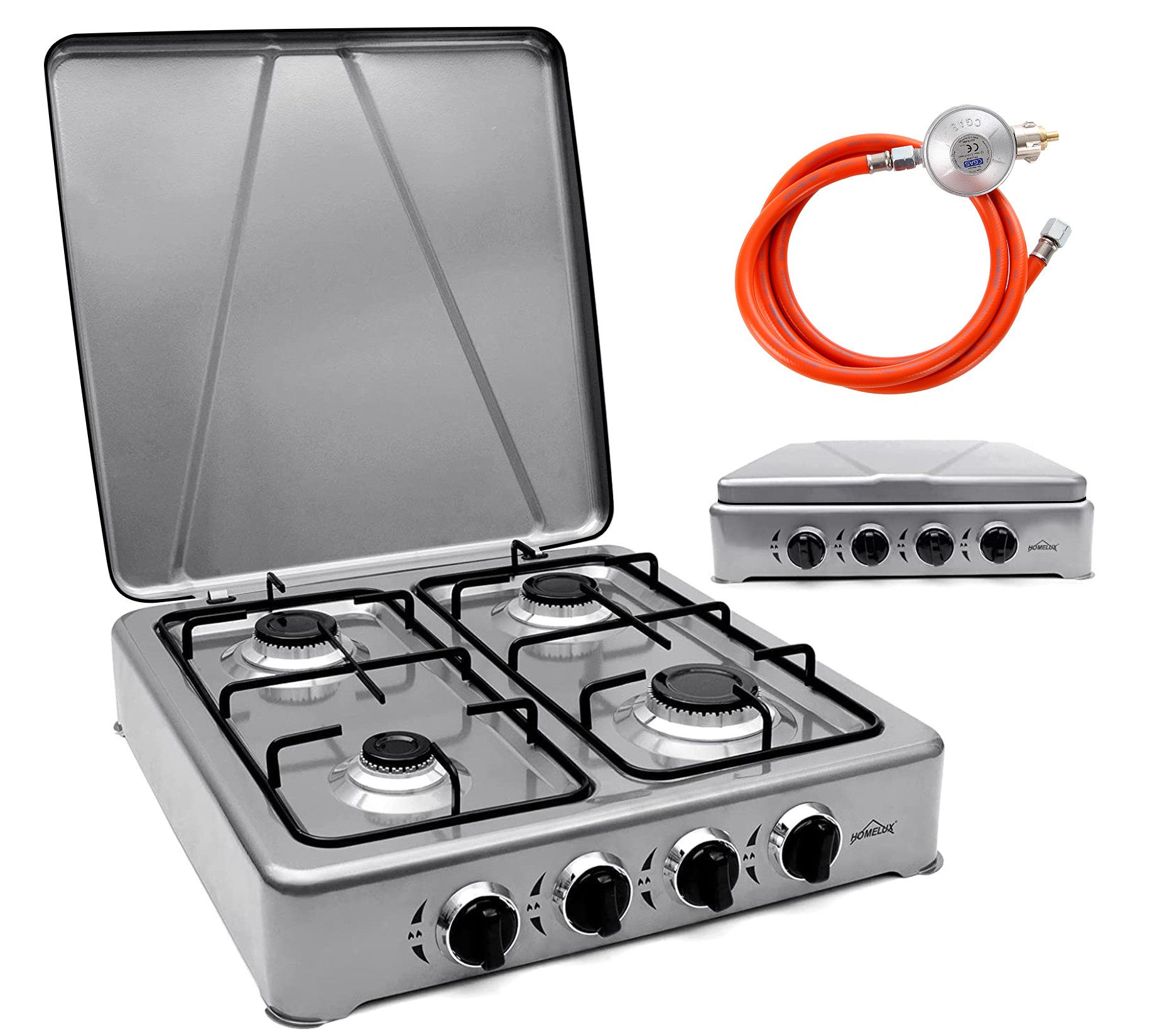HOMELUX Gaskocher 6,2 KW Gaskocher, 4 Flammig Campingkocher Kochfeld, (2,2 kW + 2x 1,5 kW + 1,0 kW), Gaskocher mit Schlauch-Anschluss und Druckmindere