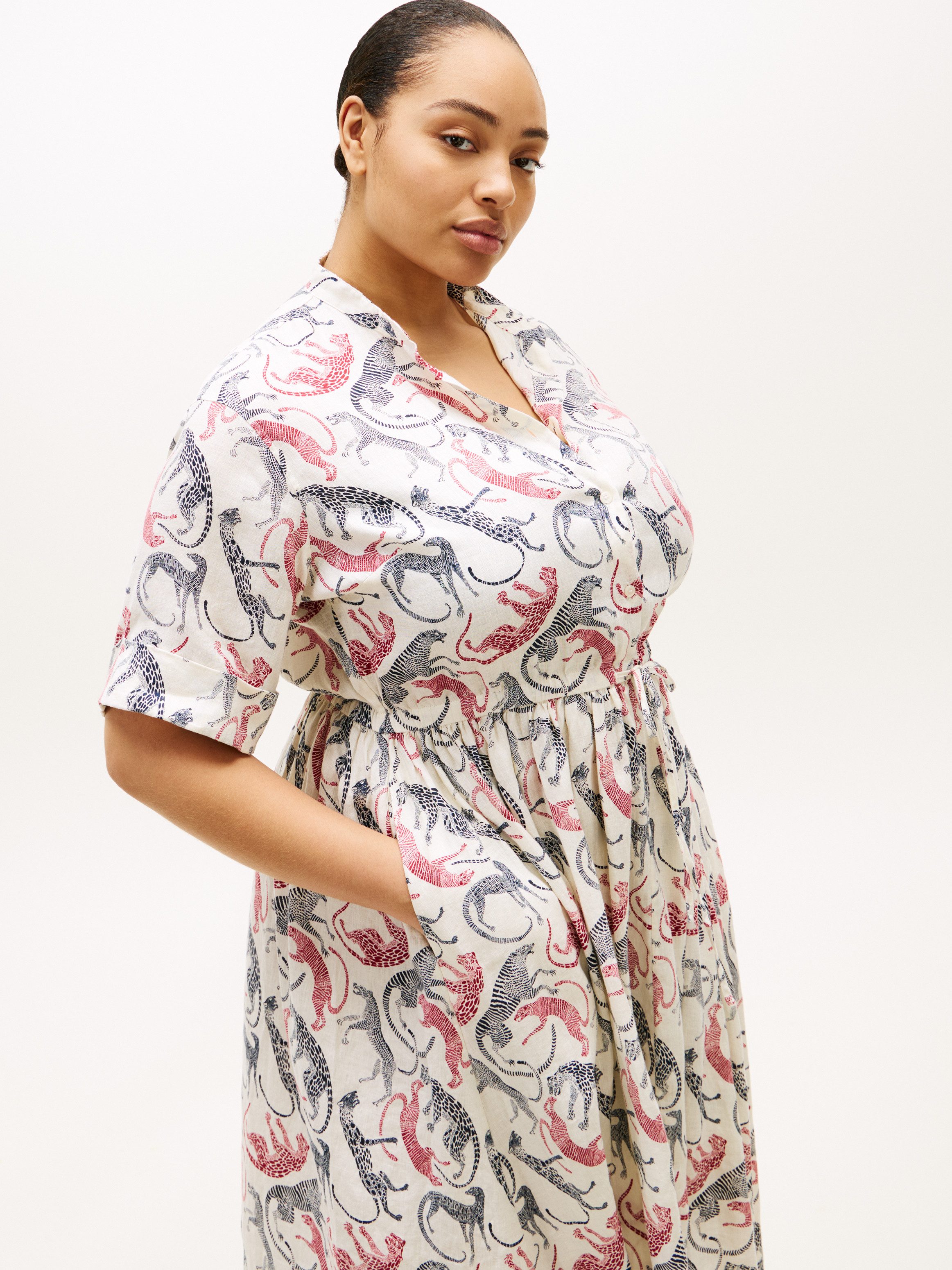 Tommy Hilfiger Curve Midikleid CRV LINEN MIDI SHIRT DRESS SS in großen Größen, Taille mit Bindeband