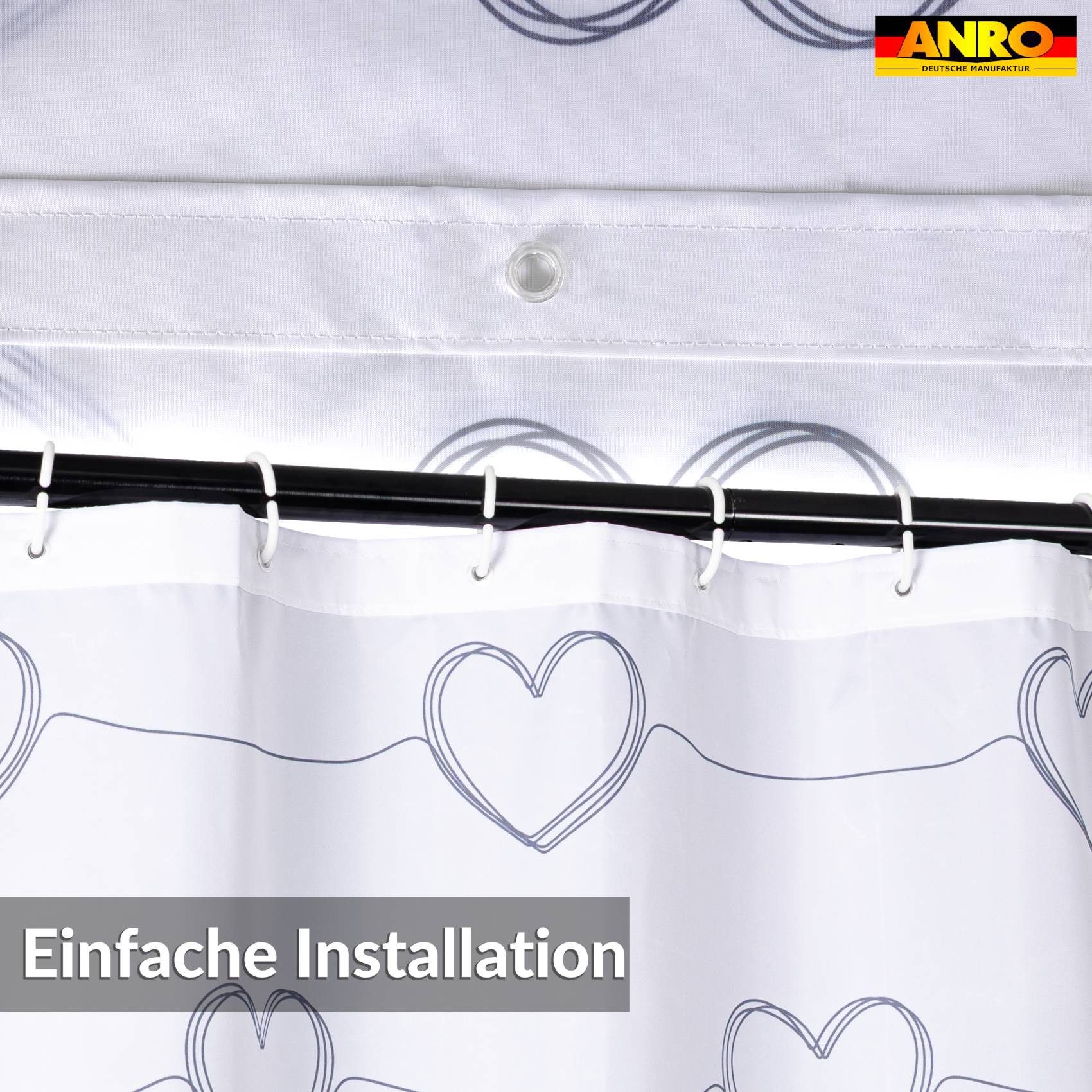 ANRO Duschvorhang FASTY Herzen Anti-Schimmel Polyester Badezimmervorhang Bad-Stoff Breite 120 cm (Packung, 1-tlg., Duschvorhang inkl. Aufhängeringe)