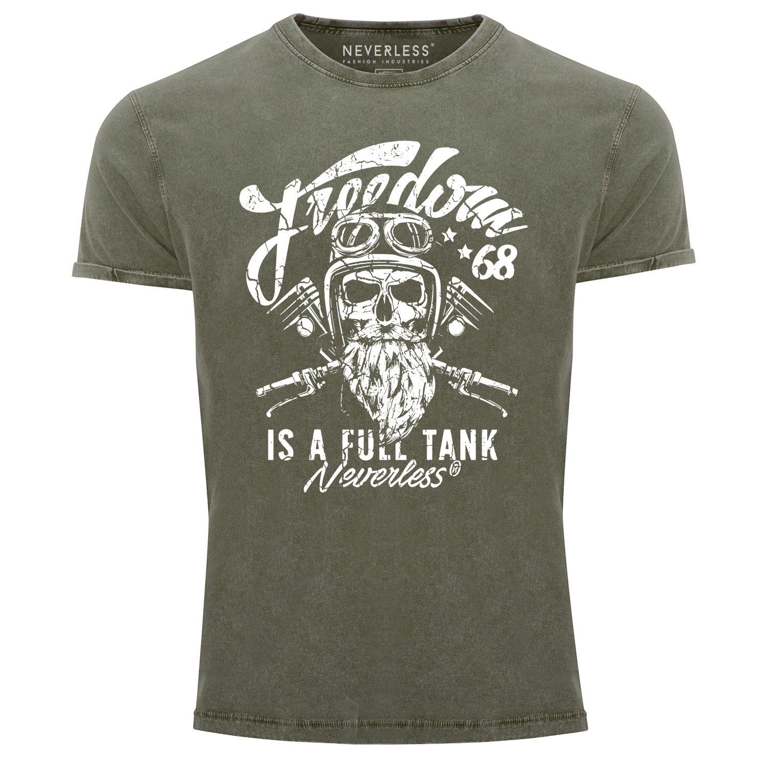 Neverless Print-Shirt Cooles Angesagtes Herren T-Shirt Vintage Shirt Biker Spruch Motiv Totenkopf Aufdruck Used Look Slim Fit Neverless® mit Print oliv