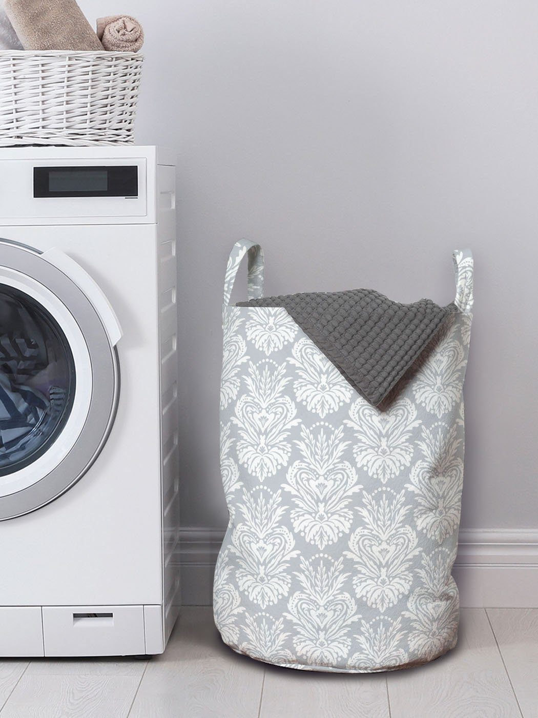 Abakuhaus Wäschesäckchen Wäschekorb weiße Flourishes Kordelzugverschluss mit Waschsalons, für Soft Tone Damast Griffen