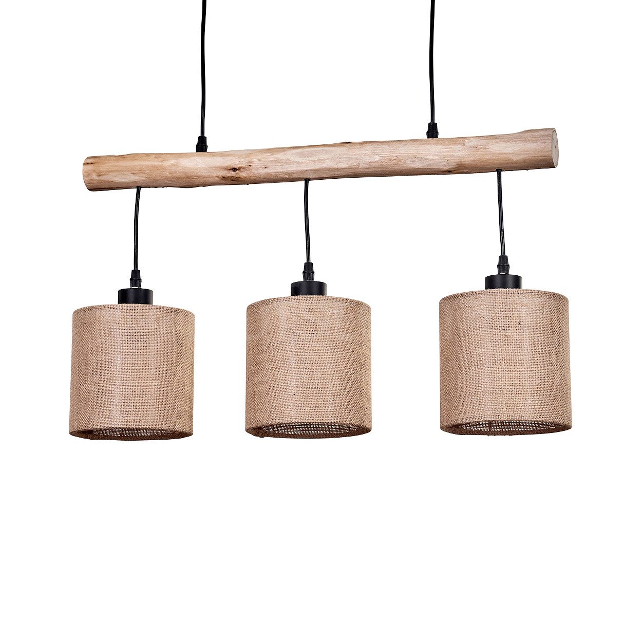 hofstein Pendelleuchte moderne Hängelampe aus Holz/Metall/Leinen in Natur/Schwarz/Beige, ohne Leuchtmittel, Hängeleuchte im skandinavischen Design, 3xE27, ohne Leuchtmittel
