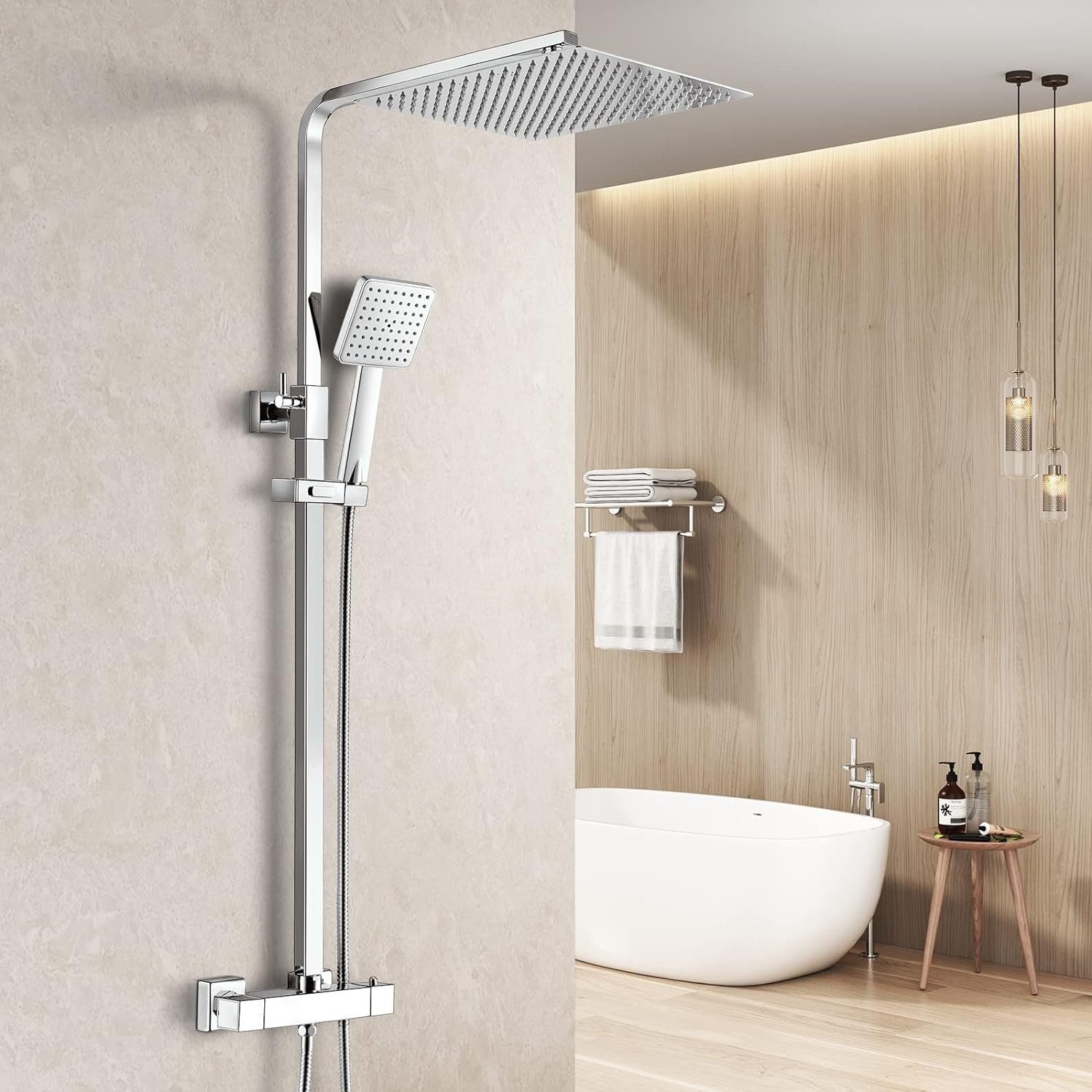 Heilmetz Duschsystem mit Thermostat, Chrome Farbe Regendusche Duschset, Höhe 120 cm, 2 Strahlart(en), mit Kopfbrause und Handbrause, Eckig 30x30cm Regenbrause Verstellbarer