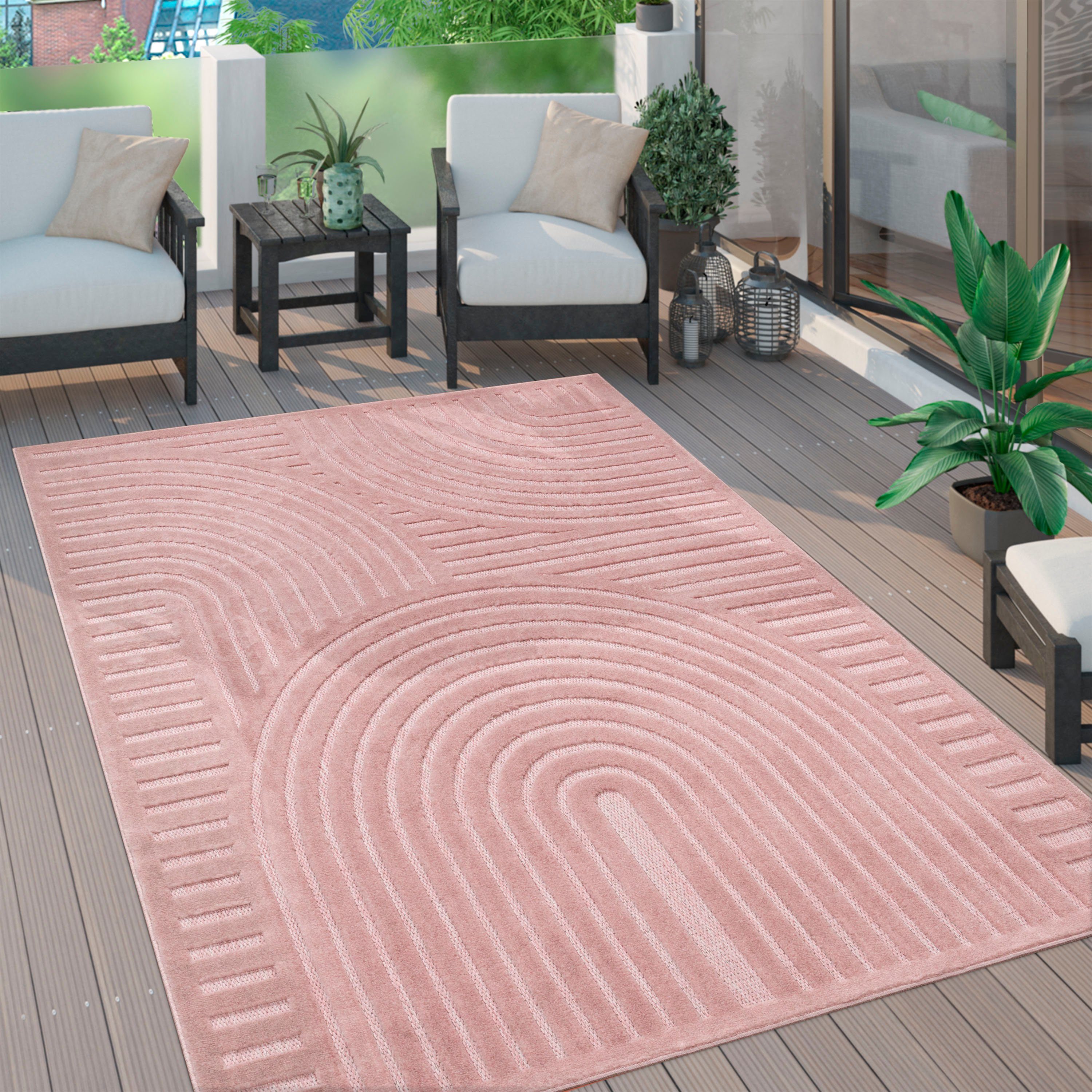 Outdoor Home, Höhe: Scandi-Look, Hoch-Tief-Effekt, 14 moderner geeignet Paco Teppich Livorno mm, Uni Farben, 674, pink rechteckig,