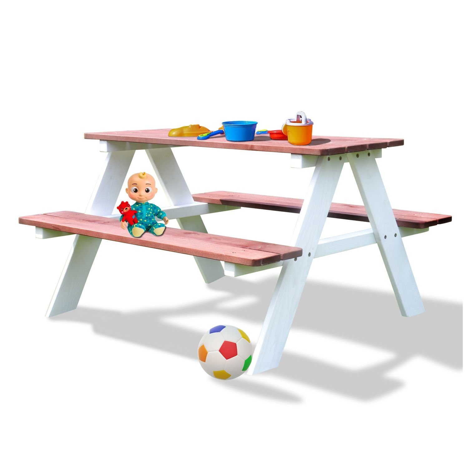 Coemo Garten-Kindersitzgruppe, (Set), 1 Tisch 2 Bänke Picknicktisch Kinder Sitzgruppe Weiß/Teak