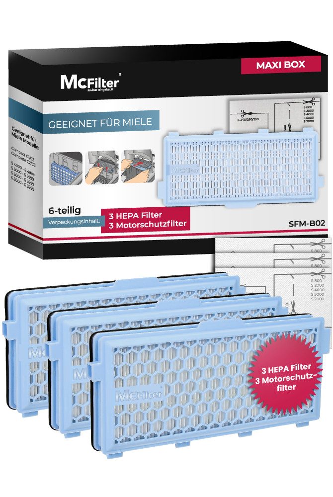 McFilter HEPA-Filter 3x + 3 Motorfilter (zuschneidbar) passend für Miele Staubsauger GN, Serie S4 S5 S6 S8, Complete C2, Compact C1/C2, S8340, MAXI BOX