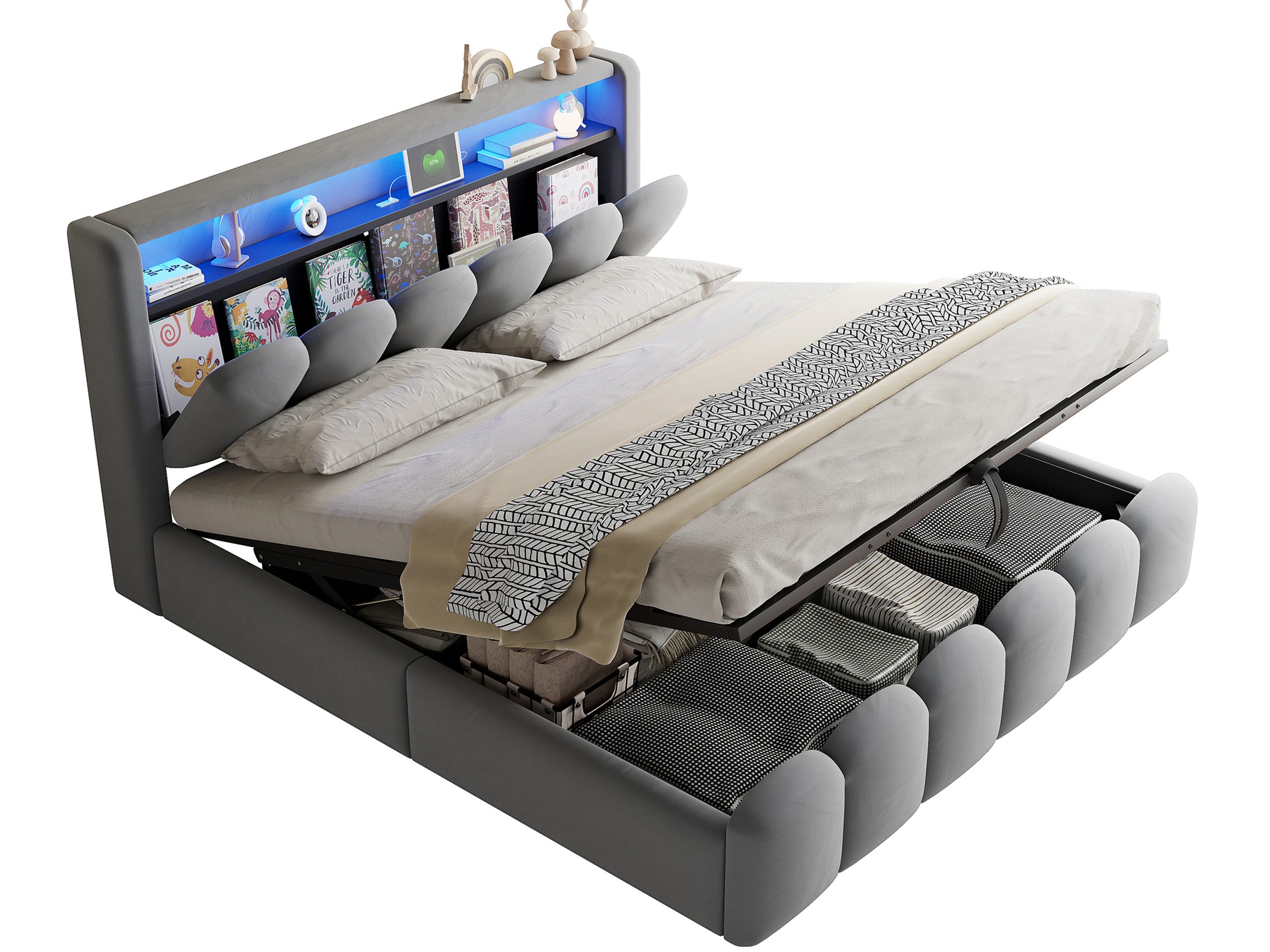 SeedWave Polsterbett Samt Hydraulisches Bett mit LED-Beleuchtung, Ladefunktion, 180×200cm, Versteckter Stauraum, 1 geschlossenes Fach hinter der Rückenlehne