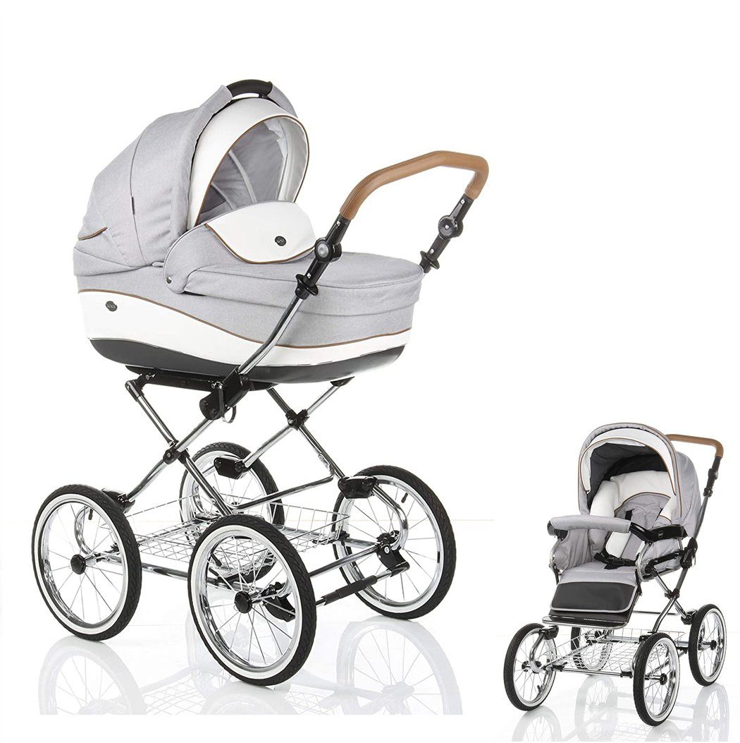 Roan Kombi-Kinderwagen Emma 2 in 1 - 11 Teile - in 7 Designs Hellgrau-Weiß (E-54)