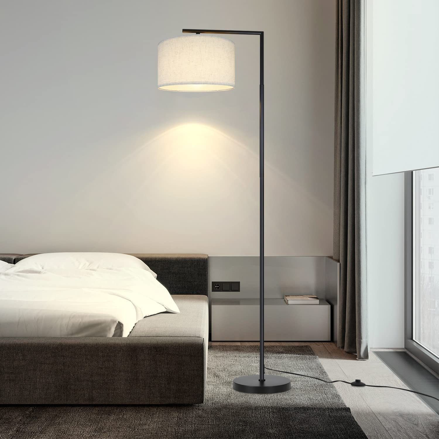 Nettlife Stehlampe Wohnzimmer Schwarz Stehleuchte Stoffschirm Bogenlampe E27 Leselampe, mit Fußschalter, LED wechselbar, Schlafzimmer Wohnzimmer Arbeitszimmer