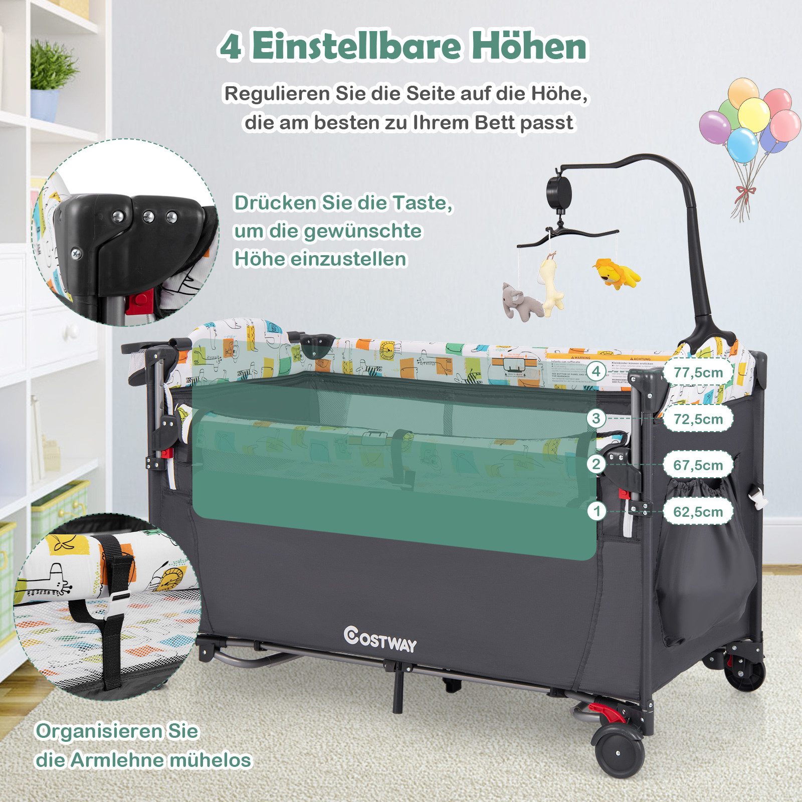 COSTWAY Baby-Reisebett 5 in1 Beistellbett, mit Matratze, höhenverstellbar – Bild 5 von 5