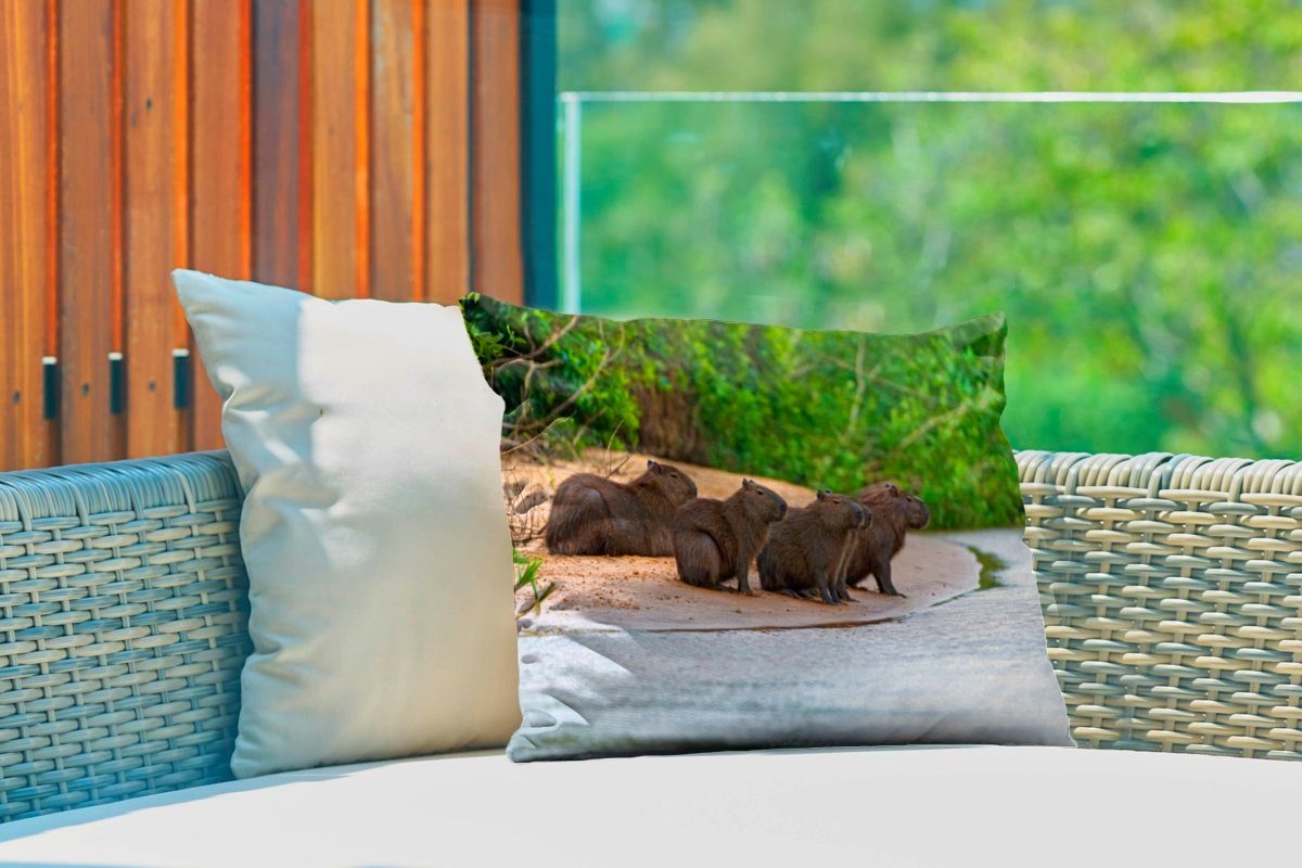 einer auf Polyester, MuchoWow Dekokissenbezug, sitzen im Sandbank Pantanal, Vier Dekokissen Wasserschweine Kissenhülle Outdoor-Dekorationskissen,