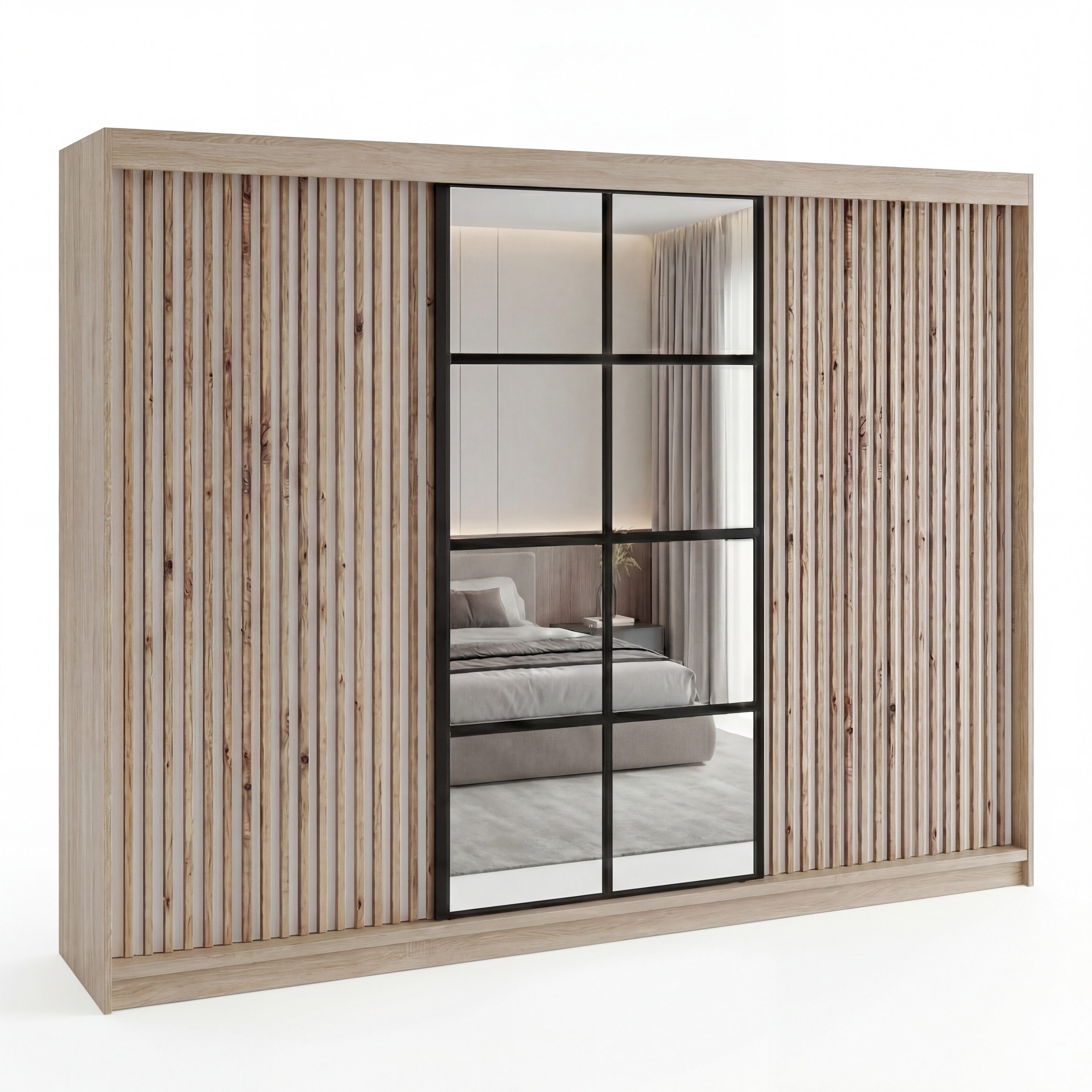 Schiebetürenschrank NORIVO 200 cm mit 4 Schubladen, und 3D Lamellen