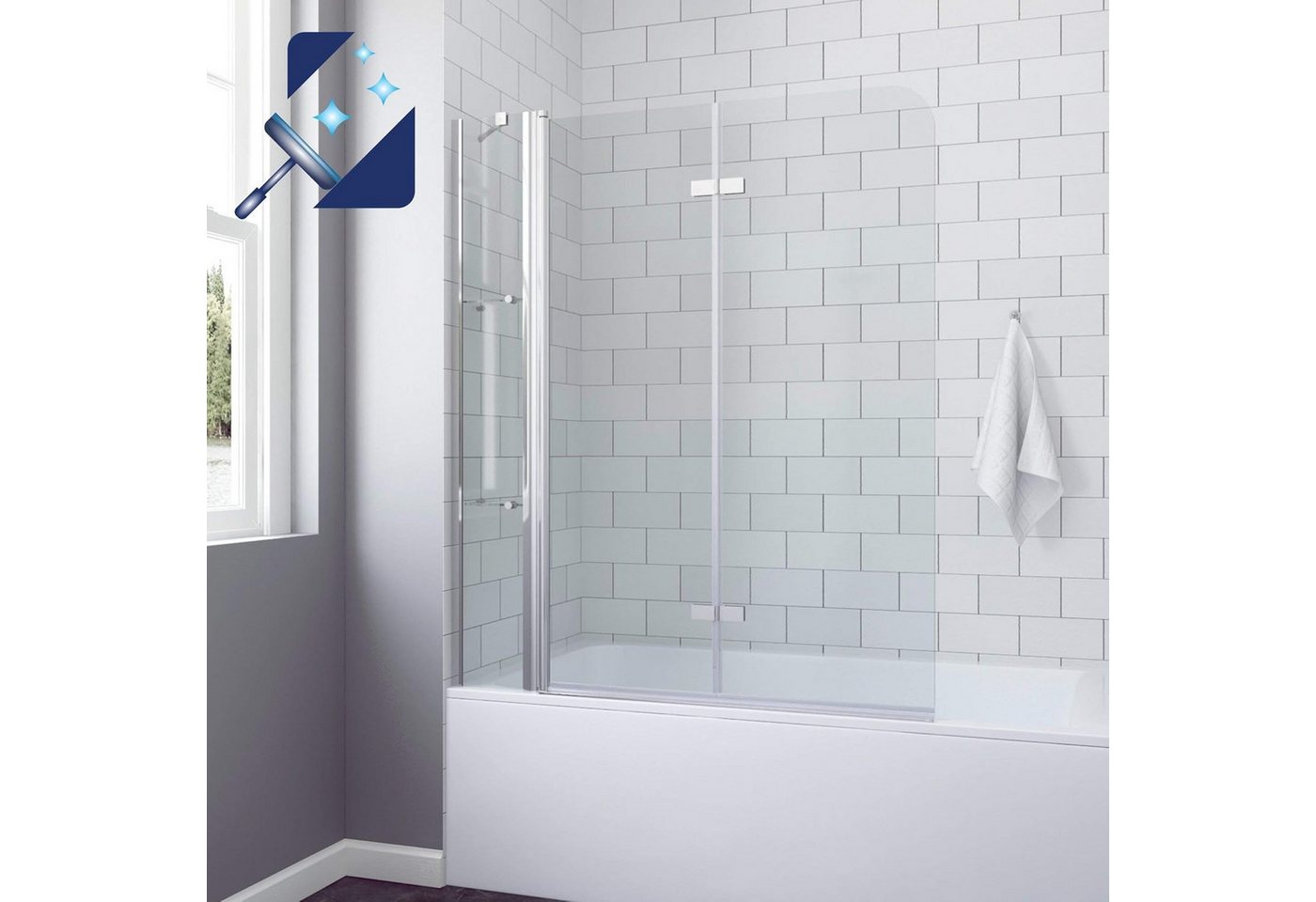 AQUALAVOS Badewannenfaltwand Duschabtrennung Badewannenaufsatz Falttür Glas Duschwand für Badewanne, 5 mm Einscheiben-Sicherheitsglas (ESG) mit Nano einfach-Reinigung Beschichtung, BxH: 150x140 cm, Faltbar und schwenkbar 180°, mit Acryl- Duschablage