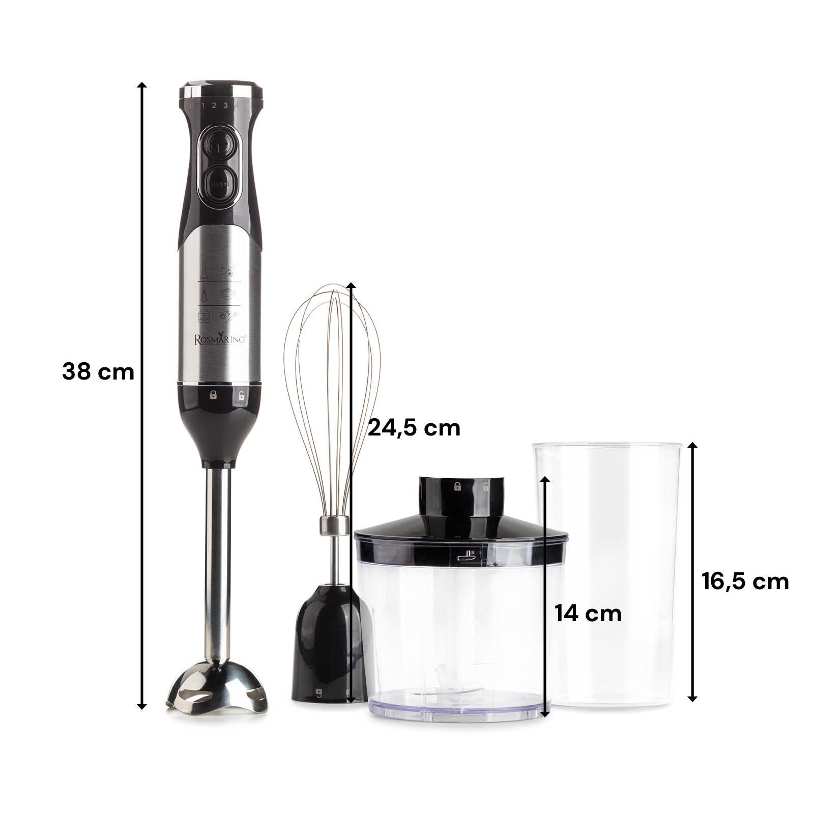 ROSMARINO Stabmixer Stabmixer Set Turbofunktion, Edelstahl, inkl. Mixbecher & Schneebesen, 600,00 W