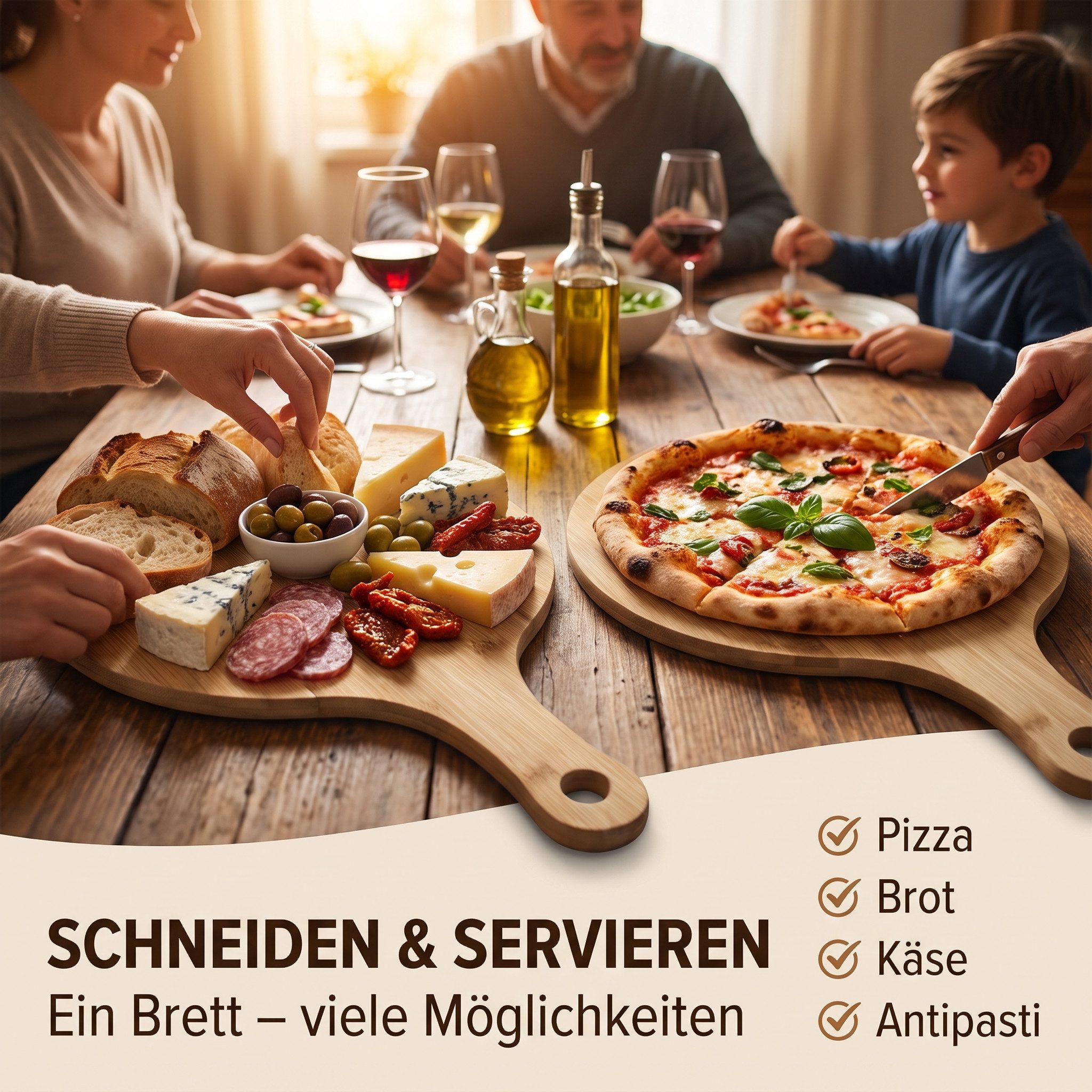 hausleben Pizzaschneidebrett Pizzabrett - Rundes Schneidebrett mit Griff und Schneiderillen, Bambus Pizzabrett, (Holz Pizzateller für Flammkuchen, 4-St., 2 Serv – Bild 2 von 5