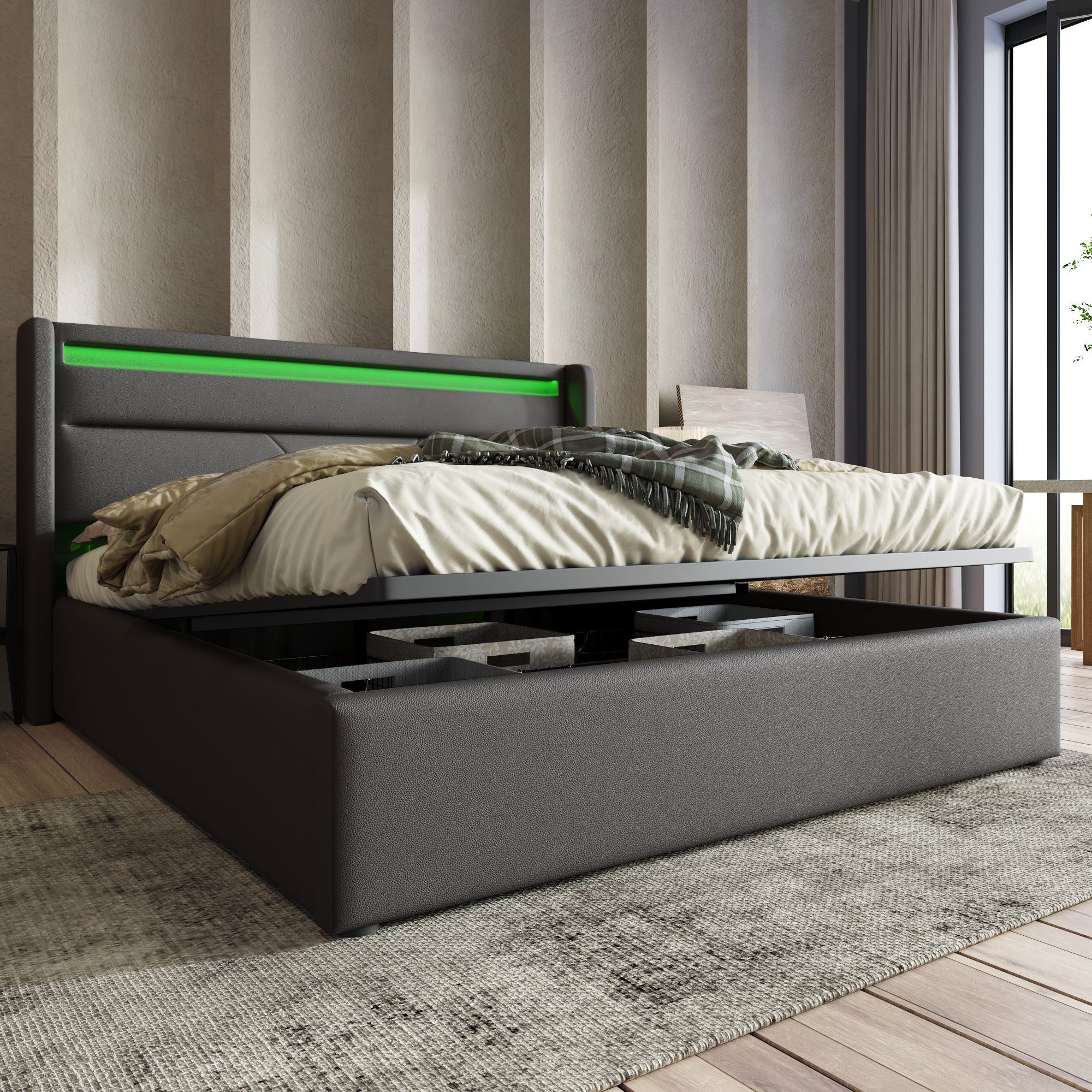 OKWISH Polsterbett Bett 140x200 cm mit LED-Beleuchtung & großem Stauraum (1-tlg., mit praktischem Nutzen, Pflegeleicht und staubgeschützt für ein sauberes Ambiente