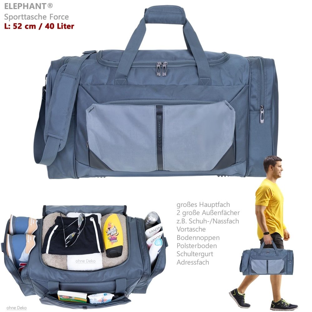 ELEPHANT Sporttasche Reisetasche Sport Tasche Sauna Fitness Force L 52 cm, 40 L Damen Herren Handgepäck Arbeit Fußball + Trinkflasche