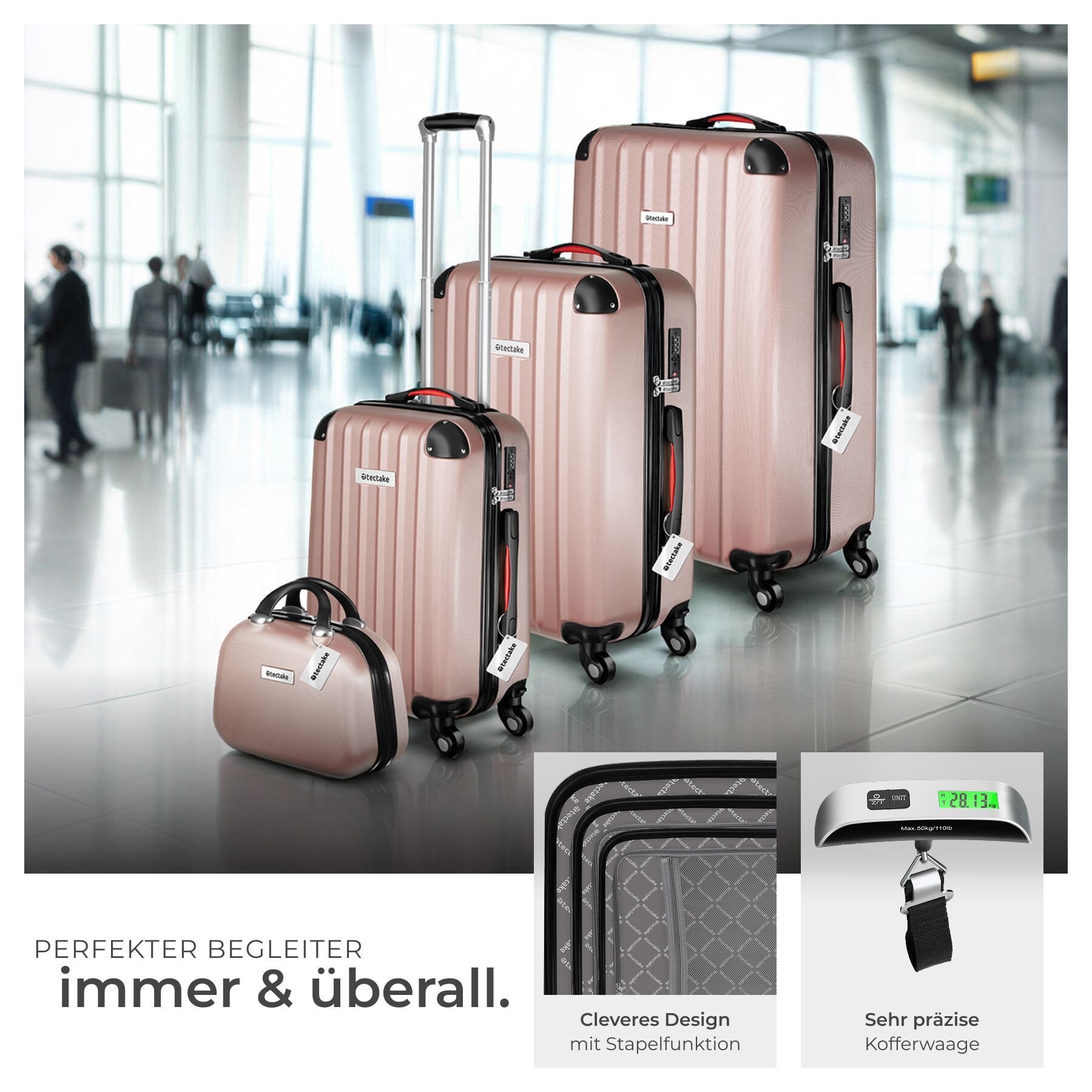 tectake Trolley Hartschalenkoffer-Set 9-teilig mit Kofferwaage und TSA-Zahlenschloss, 4 Rollen, mit Teleskopgriff, 360° drehbare, abnehmbare Rollen, abteilbar – Bild 3 von 5