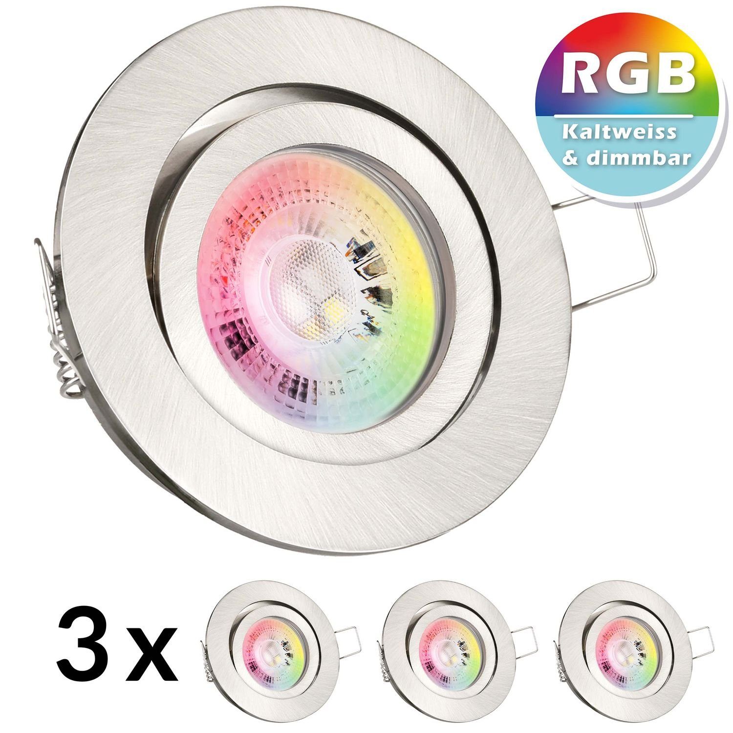 LEDANDO LED Einbaustrahler 3er RGB LED Einbaustrahler Set GU10 in edelstahl / silber gebürstet mi