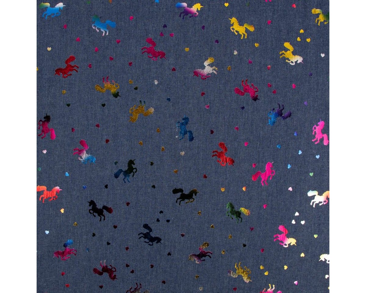 Thumbnail - SCHÖNER LEBEN. Stoff Jeansstoff Foliendruck Regenbogenfarben Einhorn Herzen dunkel jeansbla, allergikergeeignet