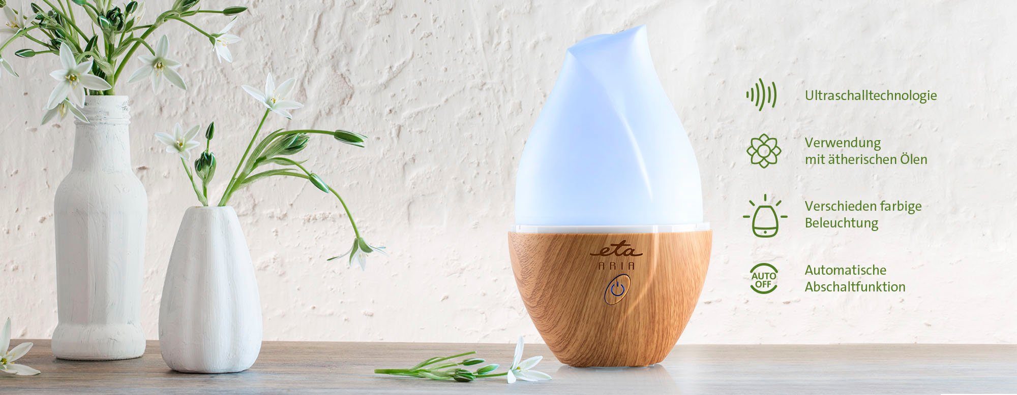 eta ARIA Diffuser zeigt die Größe und das Design des 0,6 Liter Wassertanks