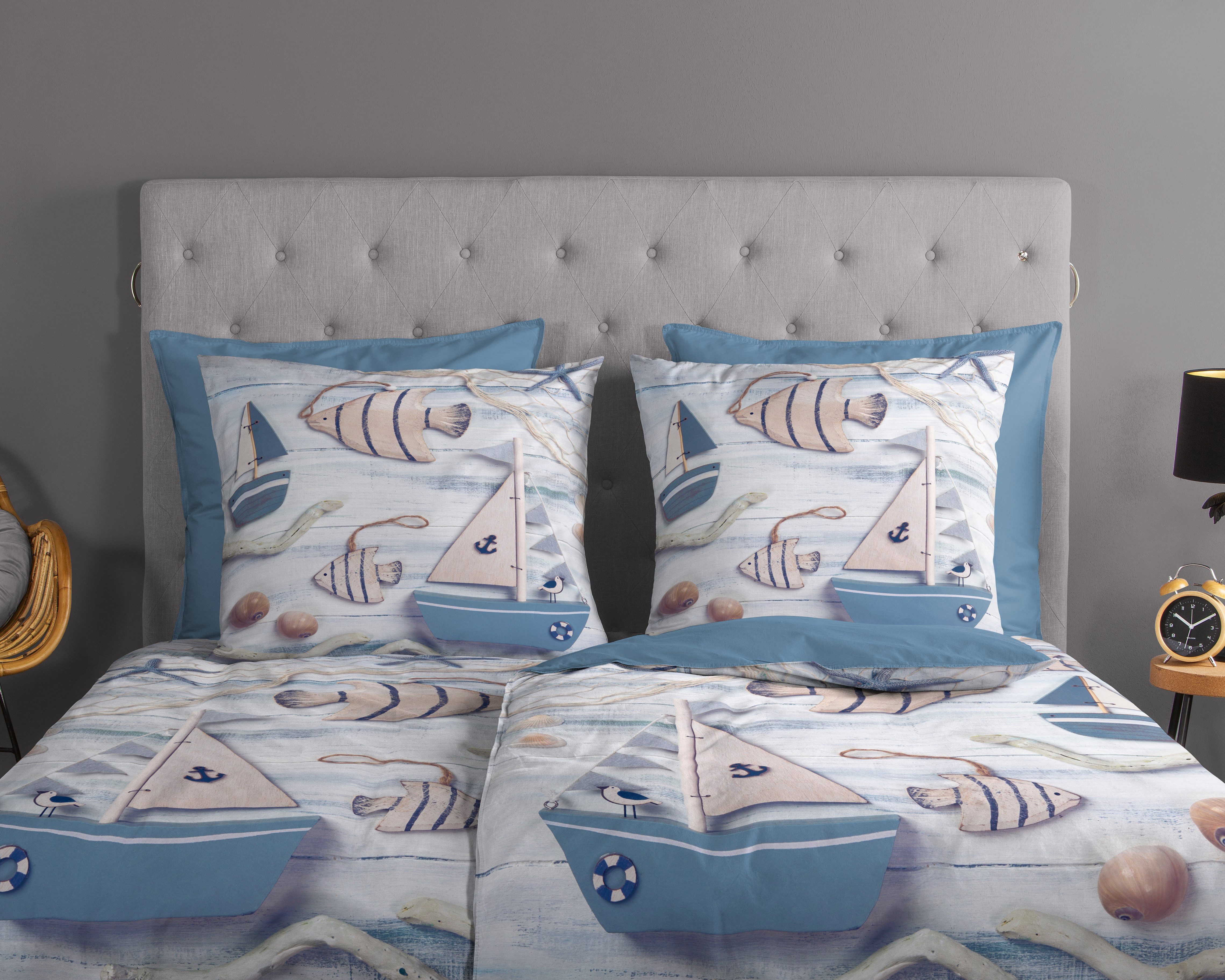 good morning Wendebettwäsche Maritim, Renforcé, 2 teilig, Baumwolle, Renforcé, 135x200, Reißverschluss, Wendeoptik, Maritim Blau