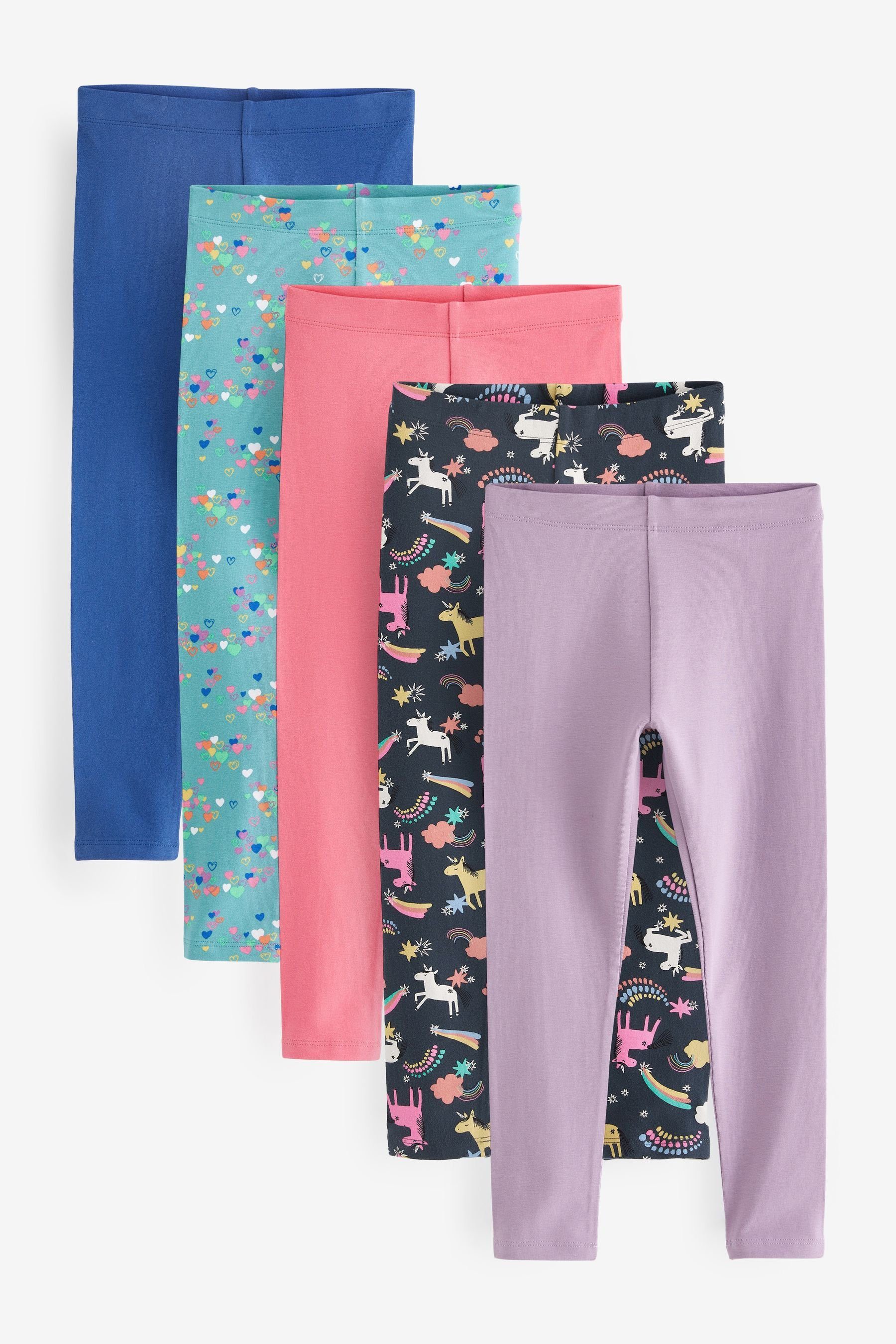 Next Leggings Print Blue/Rainbow 5er-Pack Navy (5-tlg) Leggings, Unicorn/Pink/Heart