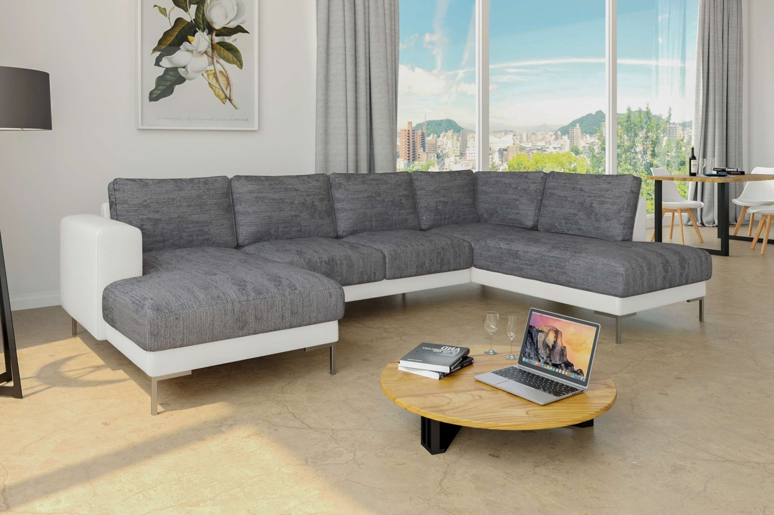 Stylefy Wohnlandschaft Santini, Sofa, U-Form, mane links oder rechts bestellbar, frei im Raum stellbar, Modern Design, mit Wellenfederung, Metall Grau - Weiß