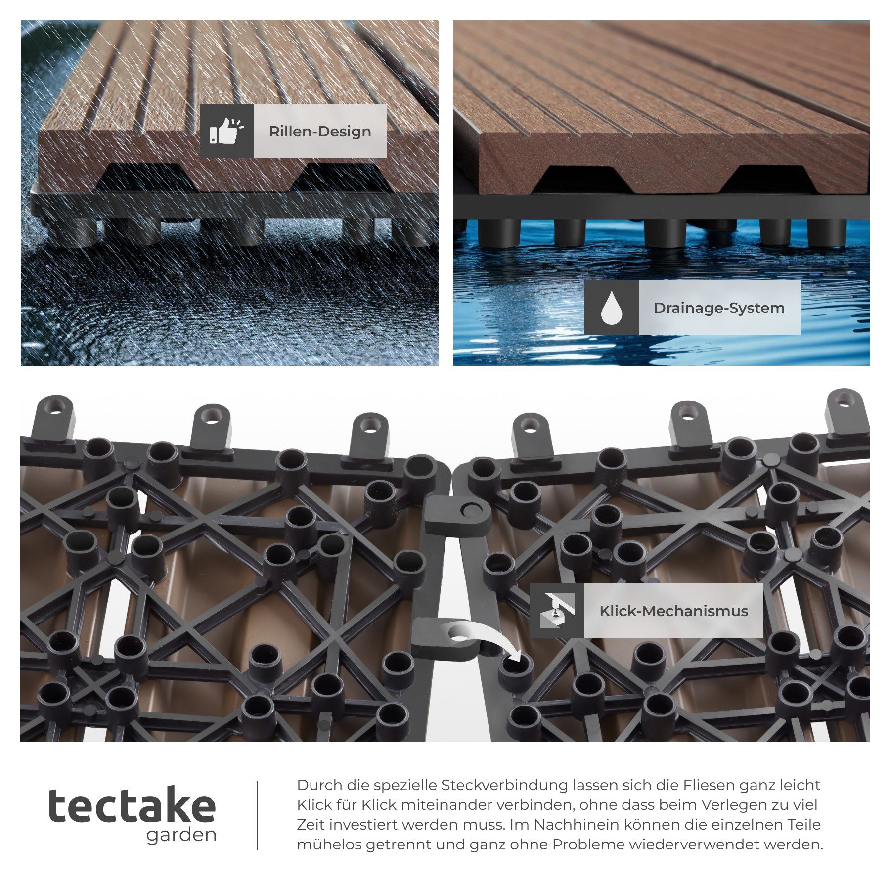 tectake Terrassendielen Terrassenfliesen 11er Set im Klicksystem, 31 x 31 x 2,2 cm, 1,0571 m², BxL: je 31,00x31,00 cm, (Terrassenplatten Außenbereich Tegulas, 1 – Bild 5 von 5