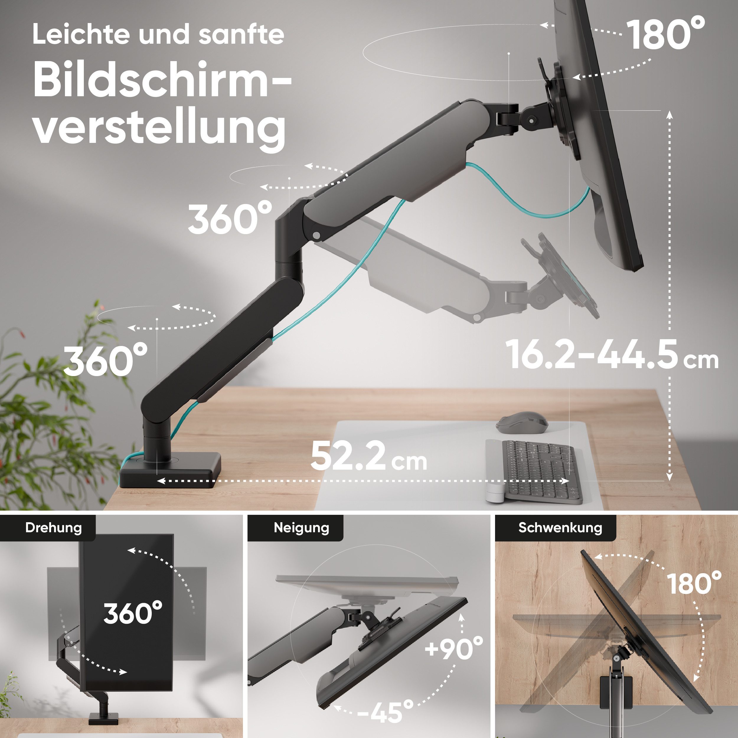 ONKRON Monitor-Halterung 13-32 Zoll, bis 8 kg, VESA 75x75-100x100, (bis 34 Zoll, neigbar, schwenkbar, drehbar, Gasdruckfeder, Kabelmanagement) – Bild 5 von 5