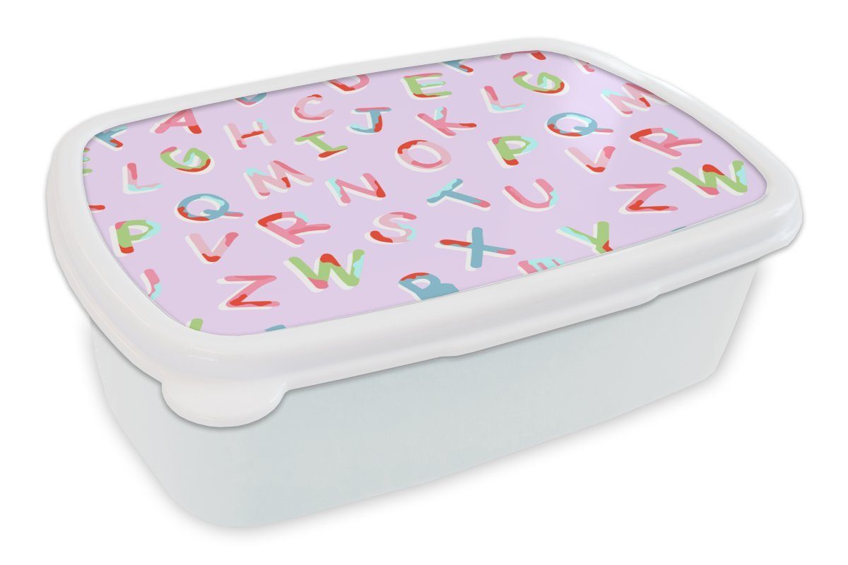 MuchoWow Lunchbox Alphabet - Buchstaben - Muster, Kunststoff, (2-tlg), Brotbox für Kinder und Erwachsene, Brotdose, für Jungs und Mädchen weiß