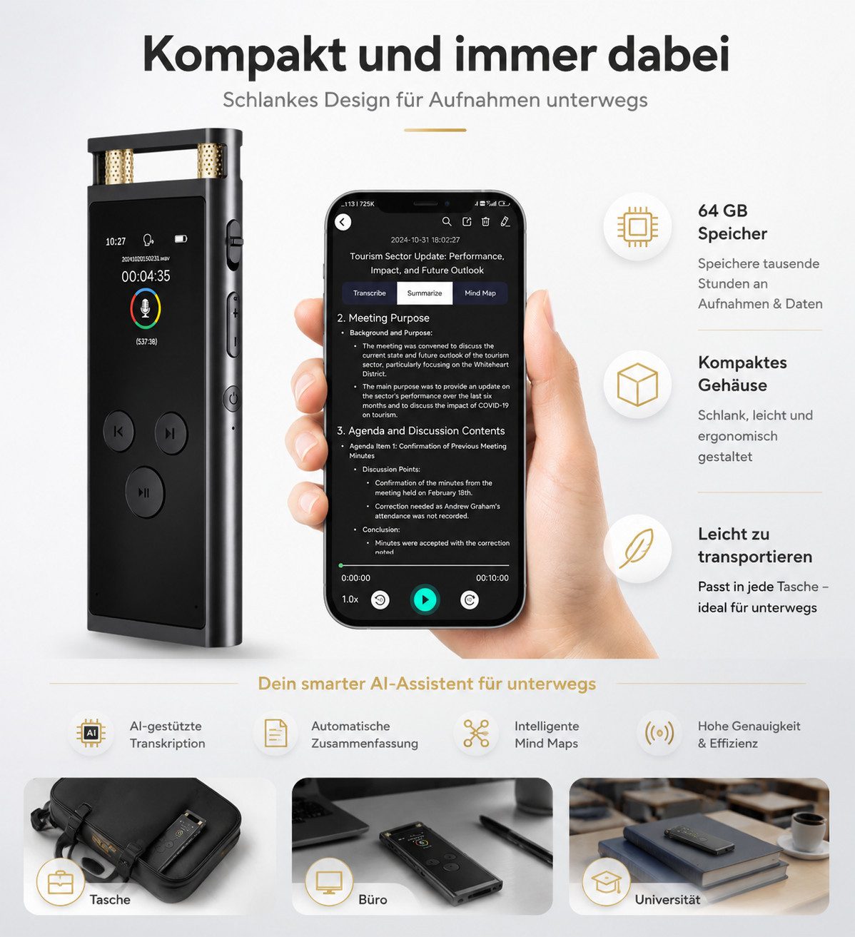 XEOOCE KI Diktiergerät 64GB - AI Transkription Sprachaufnahme App Digitales Aufnahmegerät – Bild 2 von 5