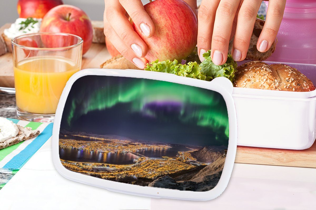 MuchoWow Lunchbox Nordlichter - für Grün Jungs und Norwegen, Kinder - Brotdose, weiß Erwachsene, - für Lila Brotbox (2-tlg), und Kunststoff, Mädchen