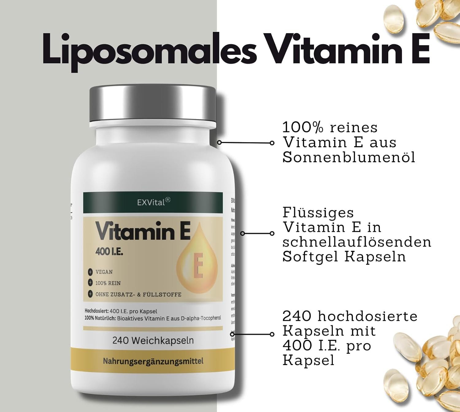 Vitamin E Softkapseln, hochdosiert 400 I.E., reines D-Alpha-Tocopherol Softkapseln, 120 g