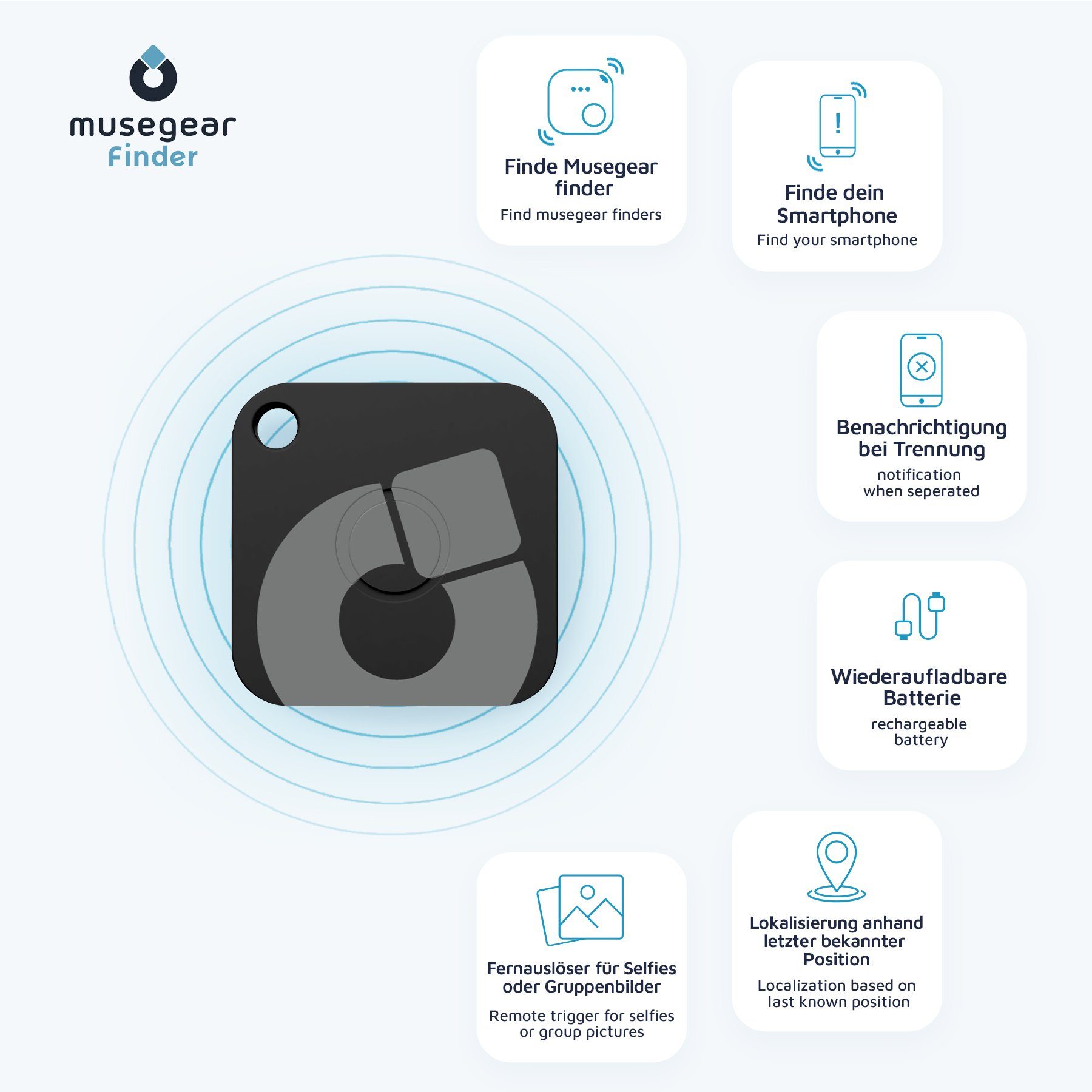 musegear Bluetooth®-Sender Wiederaufladbarer Schlüsselfinder mit Bluetooth App aus Deutschland, Zubehör für iOS/ Android Handys – Bild 3 von 5