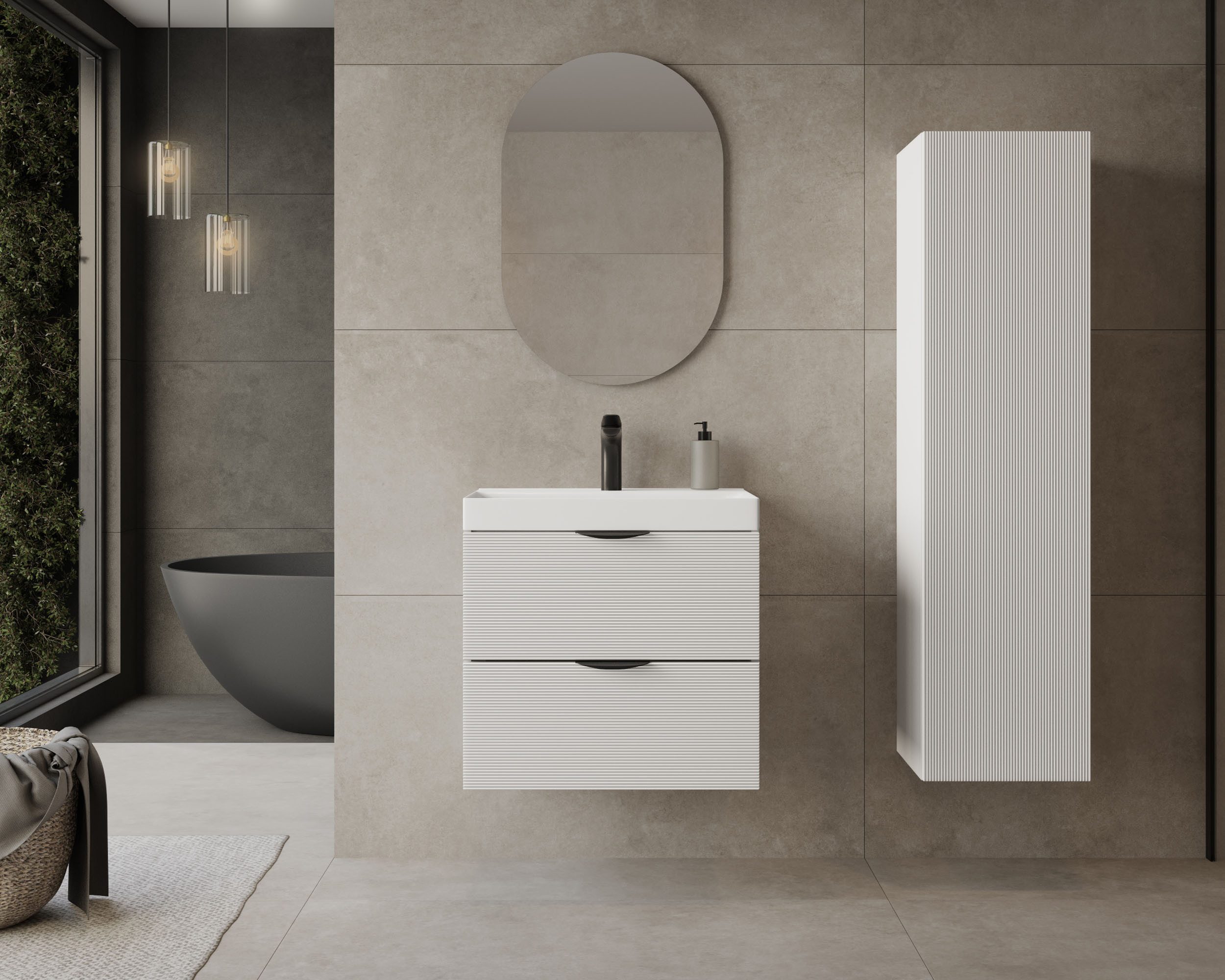 welltime Waschtisch FLOW STRIPE mit Waschbecken, Breite 60 oder 80cm, modernes Design, Schrank mit 2 Schubladen, Soft-Close-Function, in 2 Breiten erhältlich