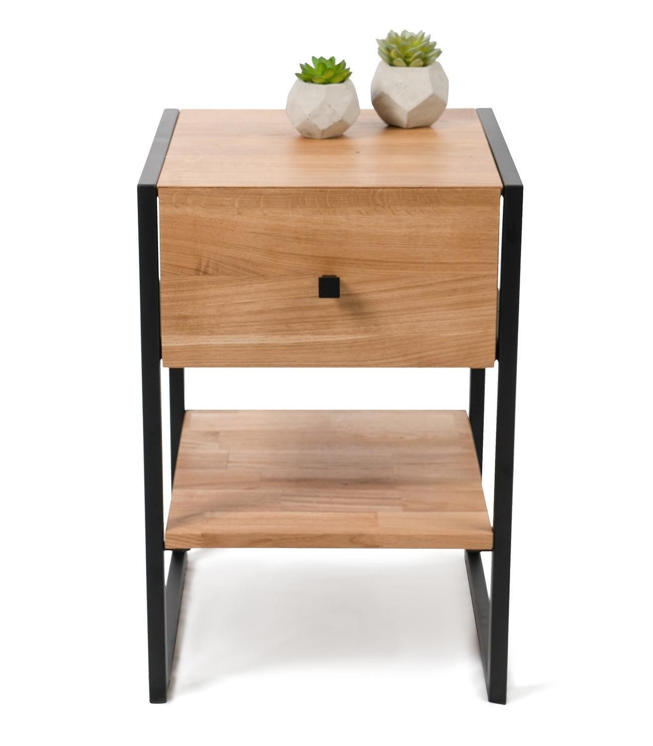 M2 Beistelltisch BOLZANO, Braun, Schwarz, Metall, Wildeiche massiv, mit Ablage, 1 Schublade, B 40 x H 60 x T 40 cm