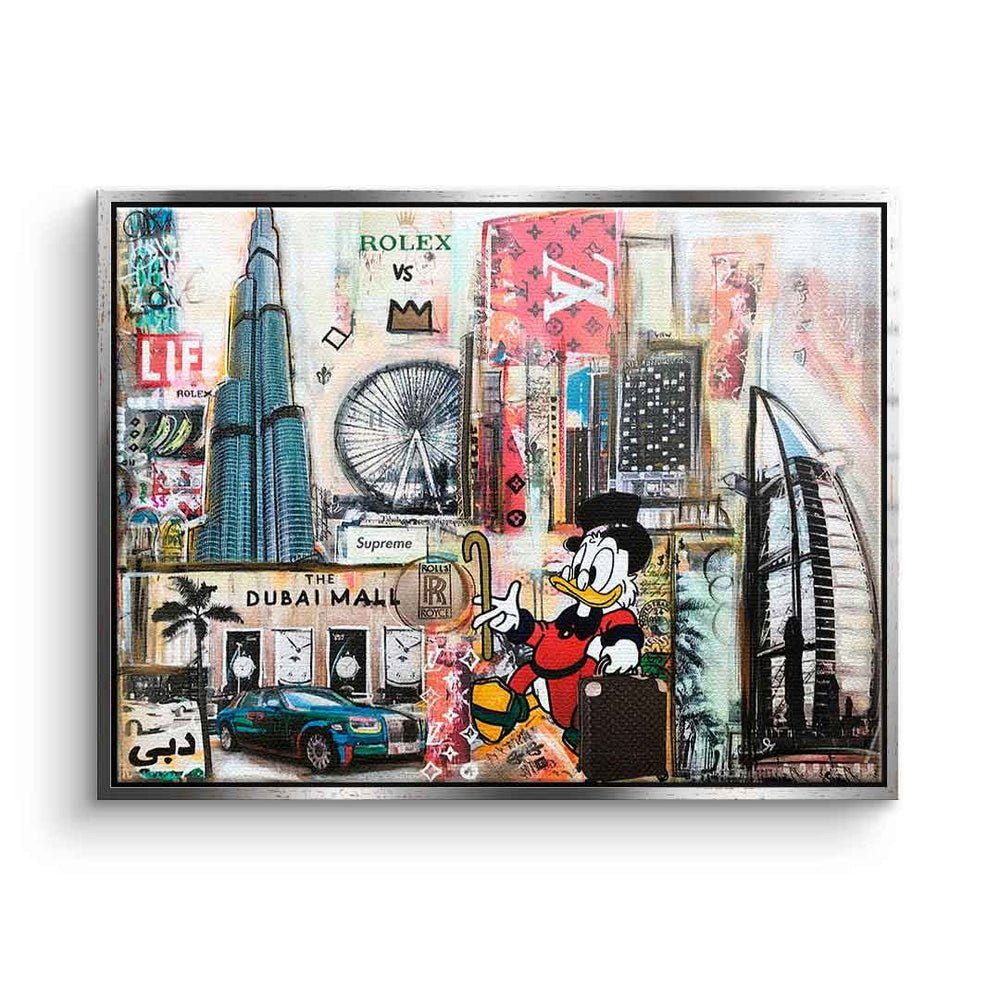 DOTCOMCANVAS® Leinwandbild Dagobert in Dubai, Dagobert Duck Leinwandbild quer Dubai Skyline Comic Pop Art Collage silberner Rahmen