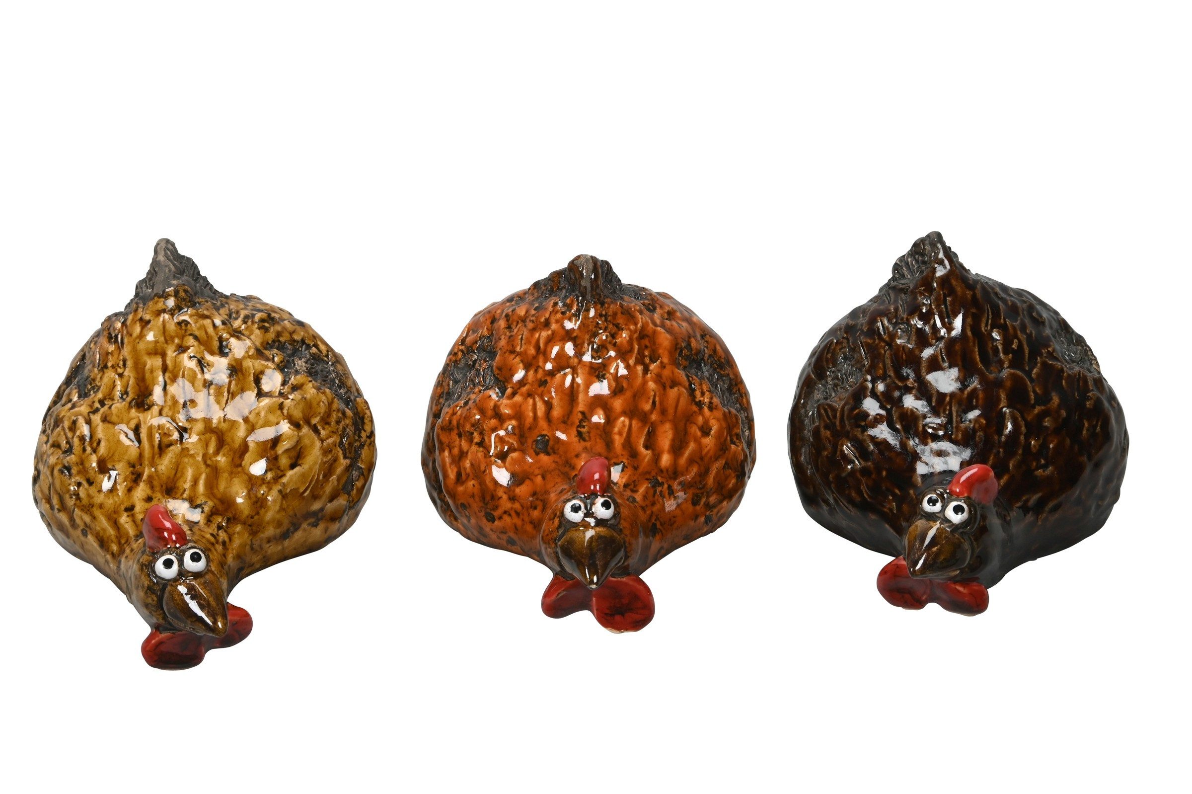 Dekofigur Huhn Henne Steingut Kantenhocker 3fach sort. braun Ø12cm H8cm
