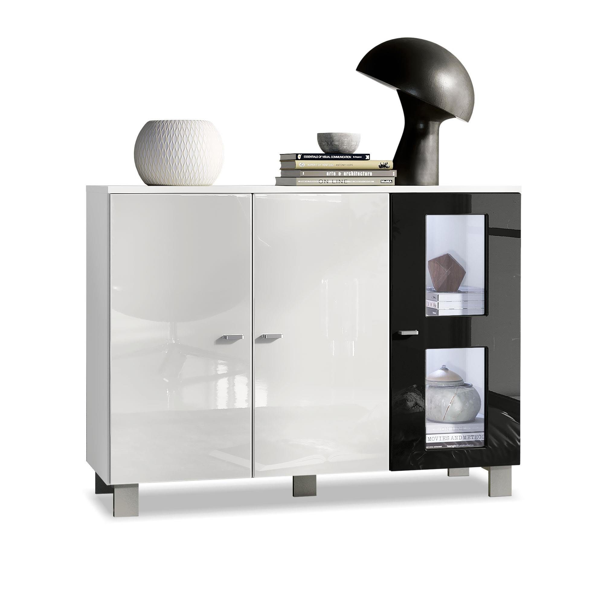 Vladon Sideboard Denjo (Kommode, mit 3 Türen), Weiß matt&glänzend/Schwarz glänzend mit Beleuchtung (107x81x35 cm)