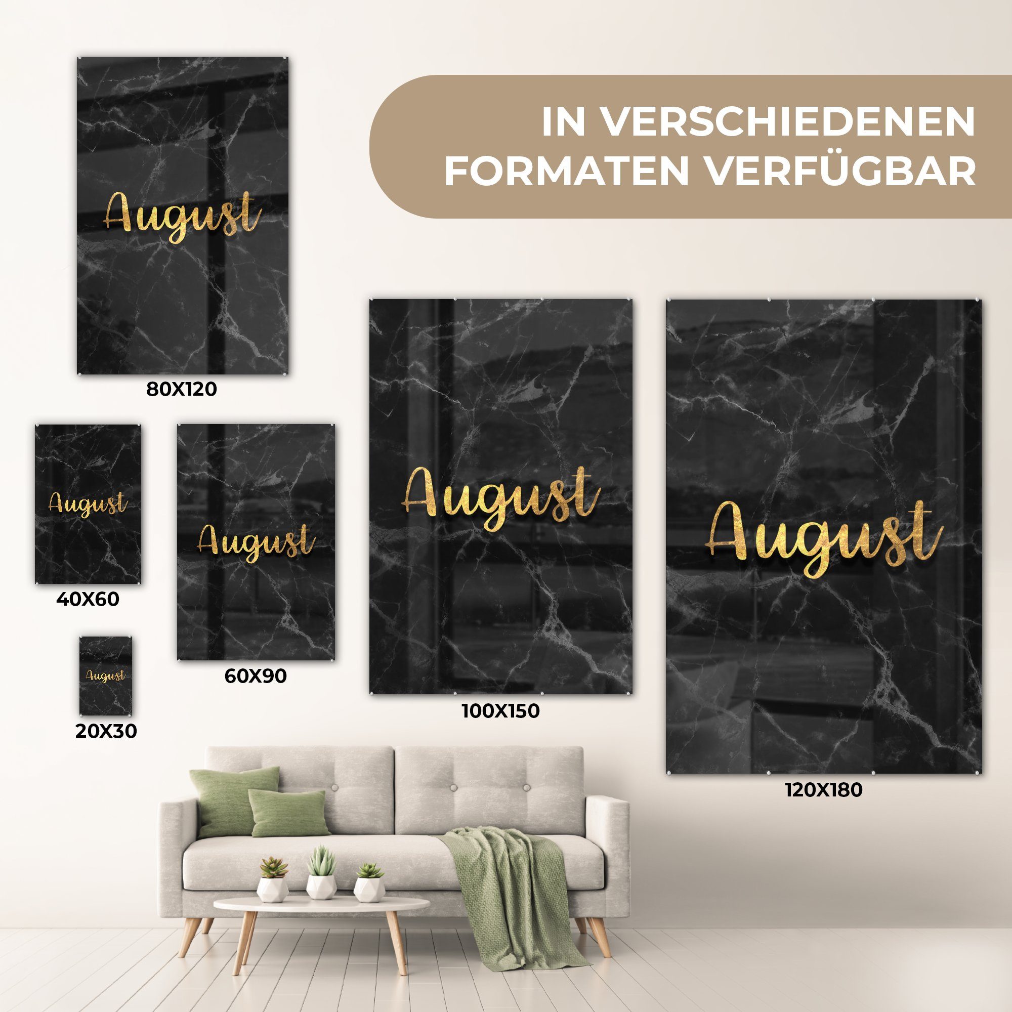 Gold Wandbild Glas Foto Kalender - Glasbilder Wanddekoration - - Marmor, - auf Bilder Glas August auf (1 St), - MuchoWow Acrylglasbild -