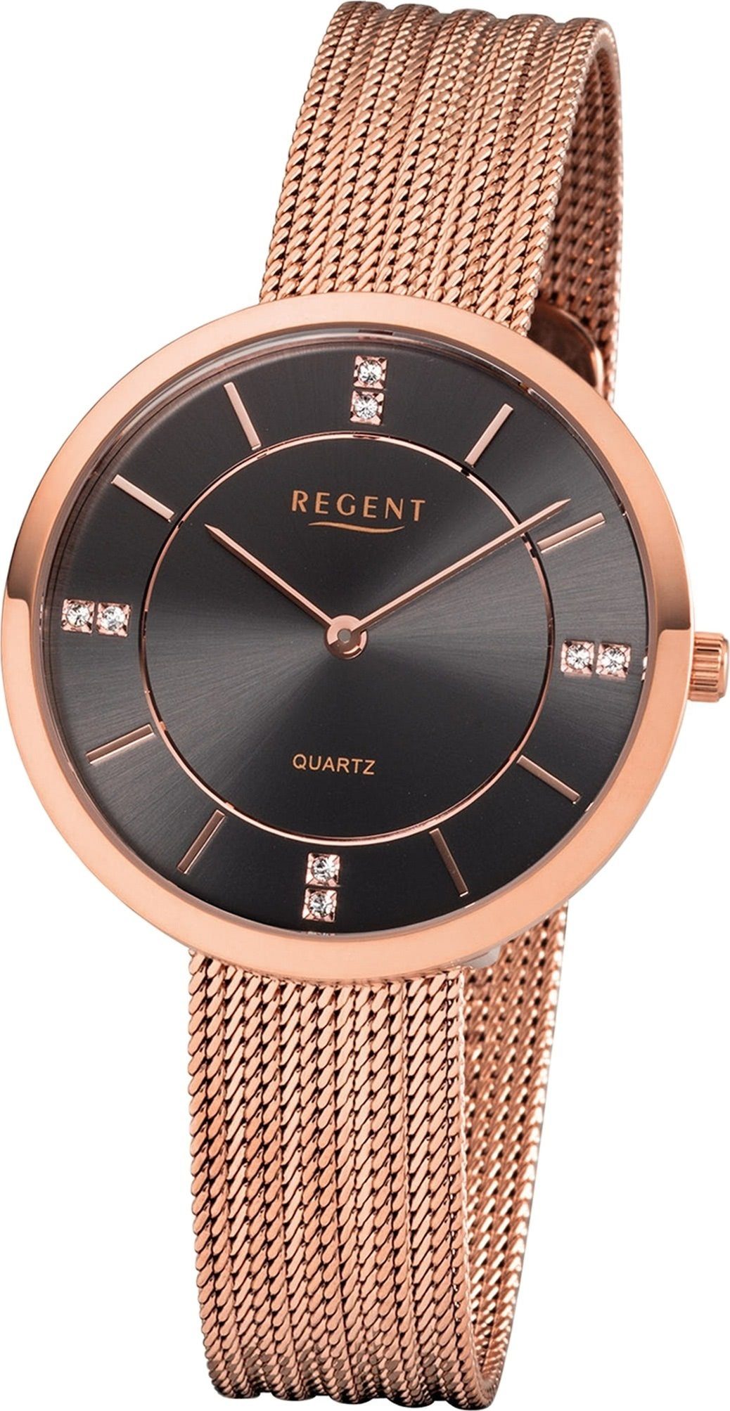 Regent Quarzuhr Regent Metall Damen Uhr F-1157 Analog, Damenuhr Metallarmband rosegold, rundes Gehäuse, mittel (ca. 34mm)