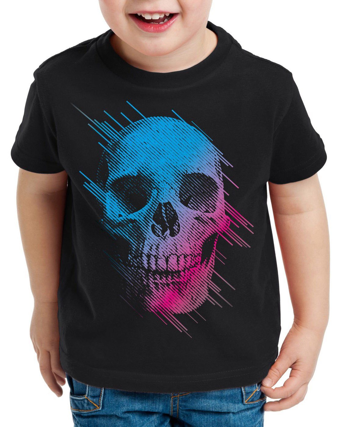style3 Print-Shirt Kinder T-Shirt Neon Skull totenkopf disco neon festival schwarz