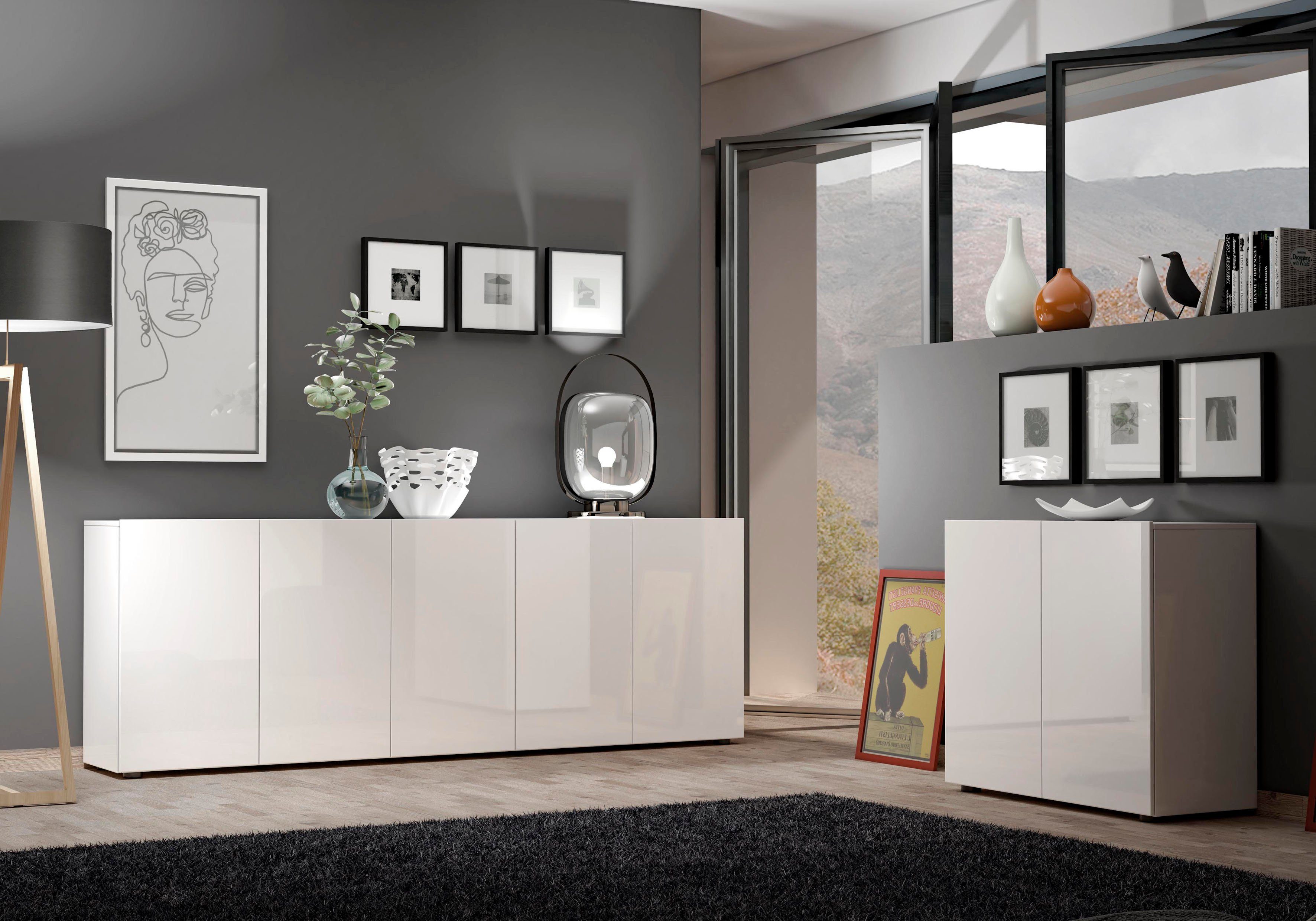 Home affaire Sideboard MISTER – Schrank, Kommode, 225 cm breit, 80 cm hoch, Made in Italy, komplett Hochglanz lackiert, 5 Türen, 6 Fächer