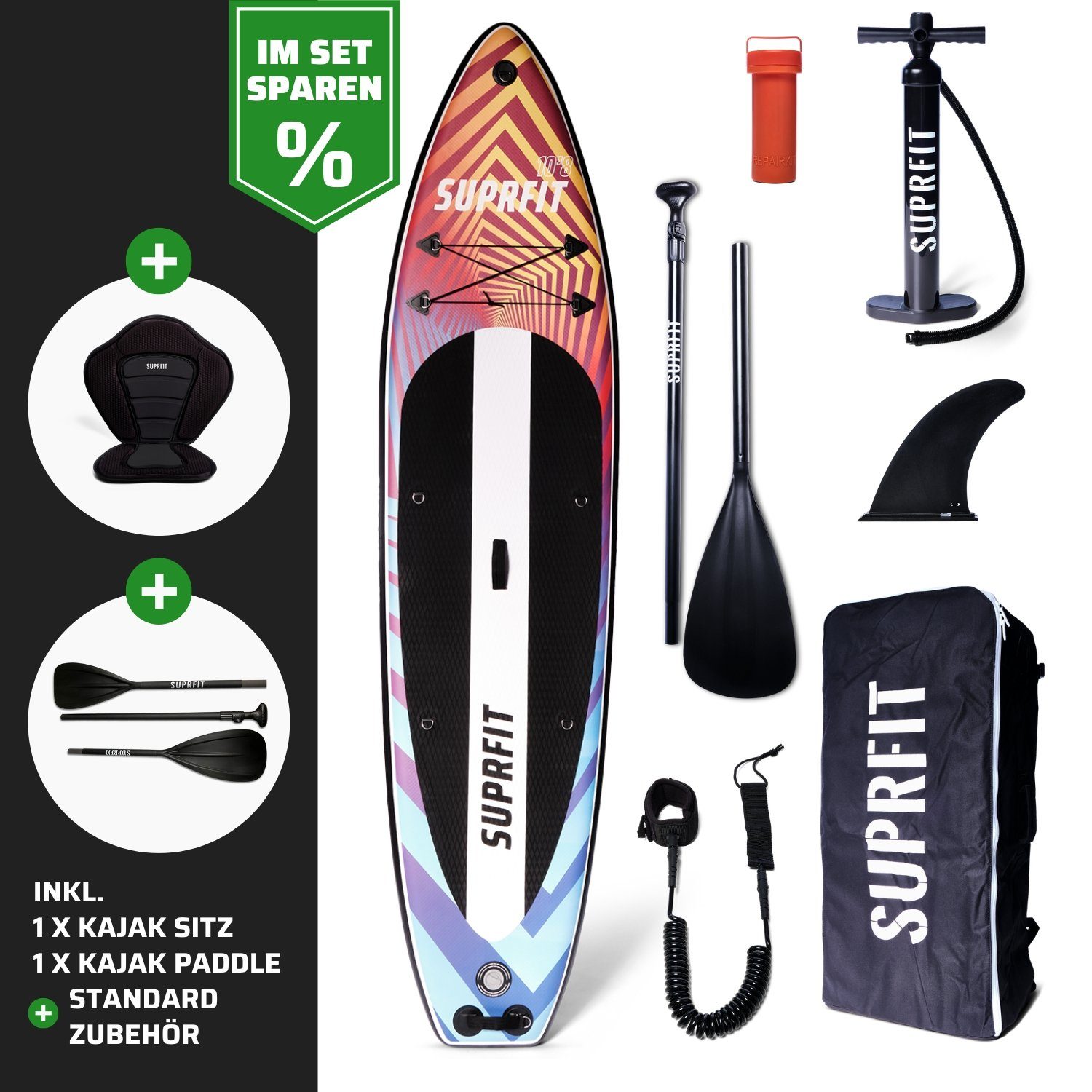 SF SUPRFIT Inflatable SUP-Board SUP Board Set Optical inkl. Sitz und Kajak Paddle, Touring, (Spar-Set, mit Kajak Sitz und 4-teiligem Paddel), Stand Up Paddling Set mit Kajak Sitz und 4-teiliges Paddel