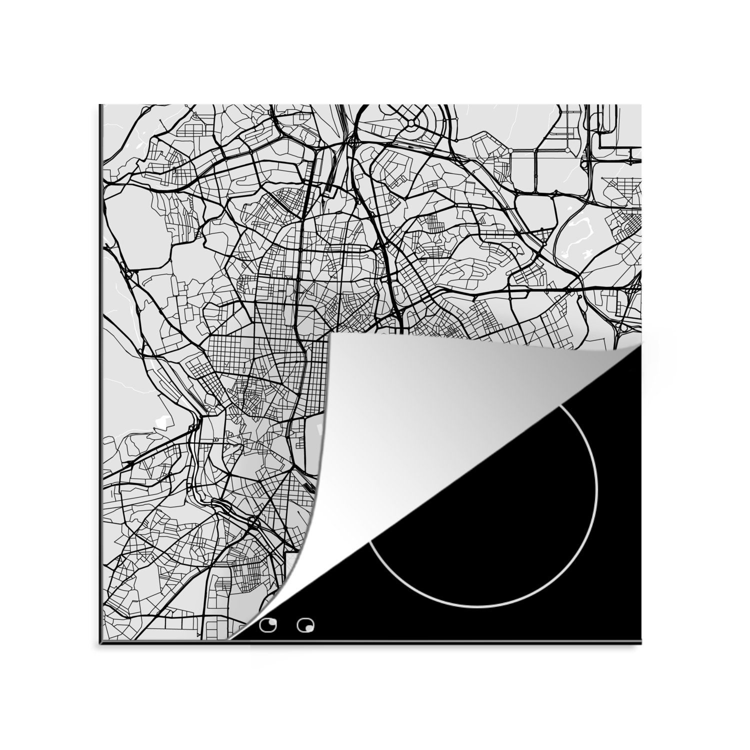 Madrid küche tlg), Arbeitsplatte MuchoWow Schwarz und - Karte, cm, Stadtplan Ceranfeldabdeckung, (1 für Herdblende-/Abdeckplatte 78x78 Vinyl, - weiß -