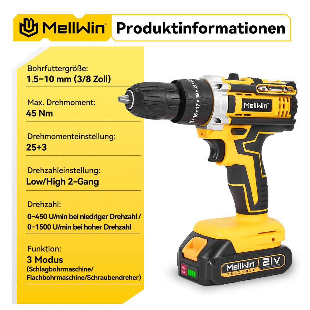 MELLWIN Akku-Bohrschrauber Akkuschrauber 45 Nm mit 2 Akkus, Schlagbohrschrauber 25+3 Stufen, max. 1500 U/min, (34-tlg), mit 10mm Bohrfutter für Haus & DIY