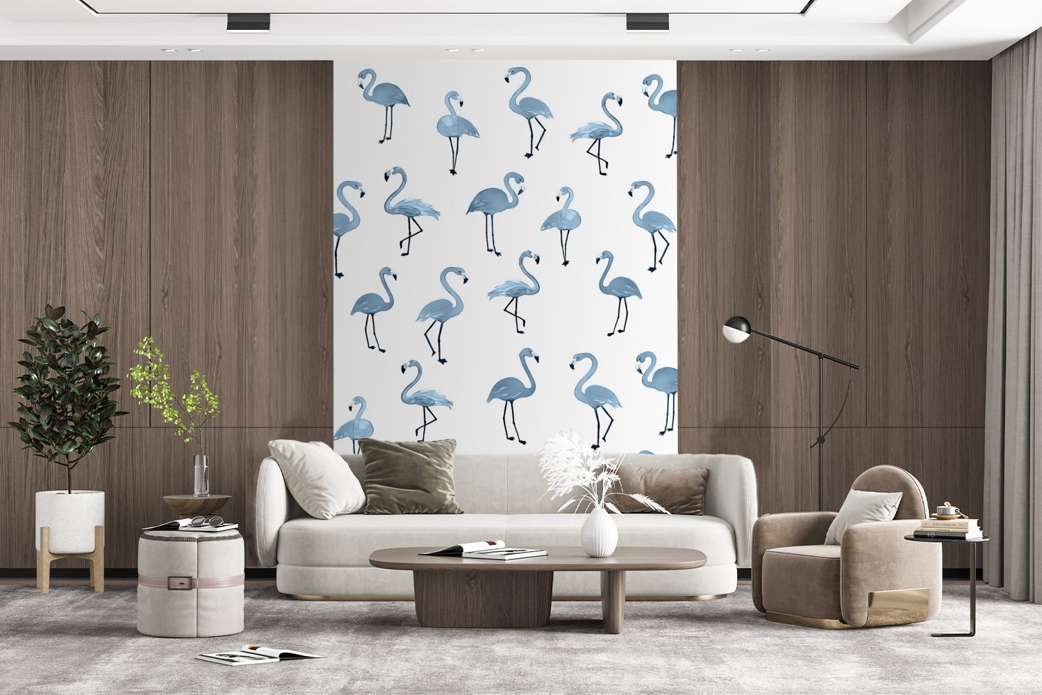 Tapete bedruckt, Blau Montagefertig MuchoWow St), Flamingo Wohnzimmer, - (3 Fototapete Muster, Wandtapete für Matt, Vinyl -